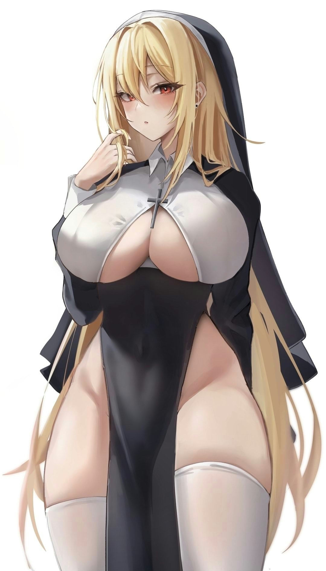 amber eyes, blonde hair, breasts, clothed, clothing, cross, female, high resolution, huge breasts, priestess, stockings, tagme, white legwear, white stockings