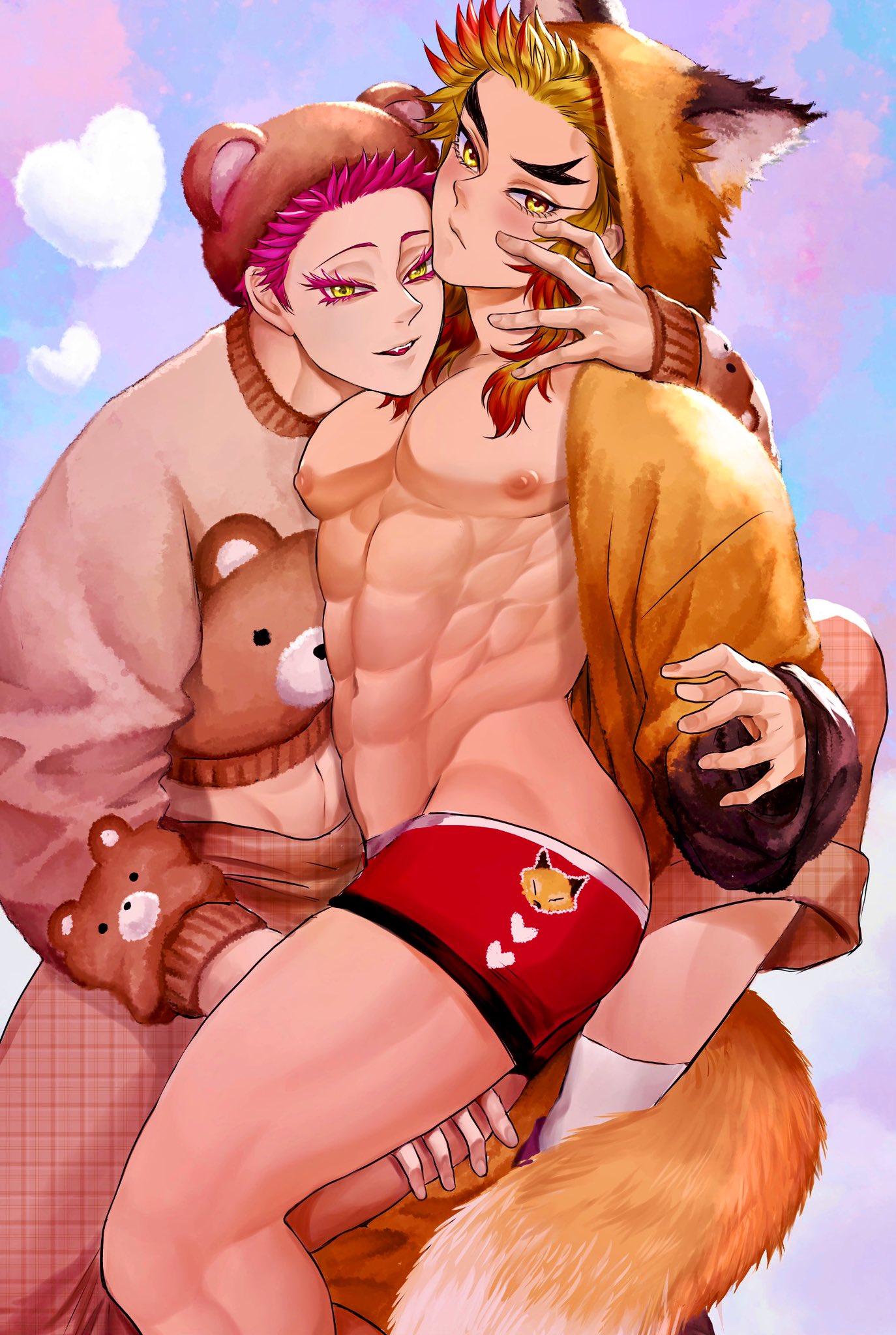 2boys abs akaza_(kimetsu_no_yaiba) alternate_costume blonde_hair blush demon_slayer fangs fox_ears fox_tail gay hoodie kimetsu_no_yaiba looking_at_viewer male male_only muscular muscular_male pink_hair rengoku_kyoujurou smile thick_eyebrows two_tone_hair underwear yaoi yellow_eyes