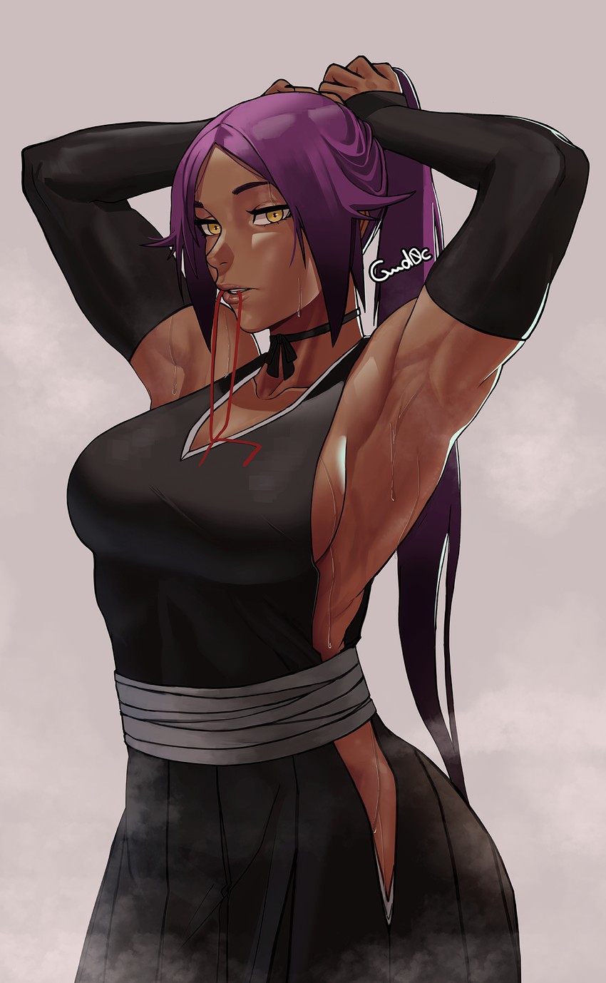 1girls, armpits, arms up, artist name, ass, big ass, big breasts, big butt, bleach, breasts, dark skin, dark-skinned female, female, female only, fully clothed, gud0c, long hair, looking at viewer, muscular, muscular armpits, muscular arms, muscular female, ponytail, purple hair, shihouin yoruichi, sideboob, solo, sweat, sweatdrop, sweating, sweaty armpits, thick ass, thick thighs, thighs, yellow eyes