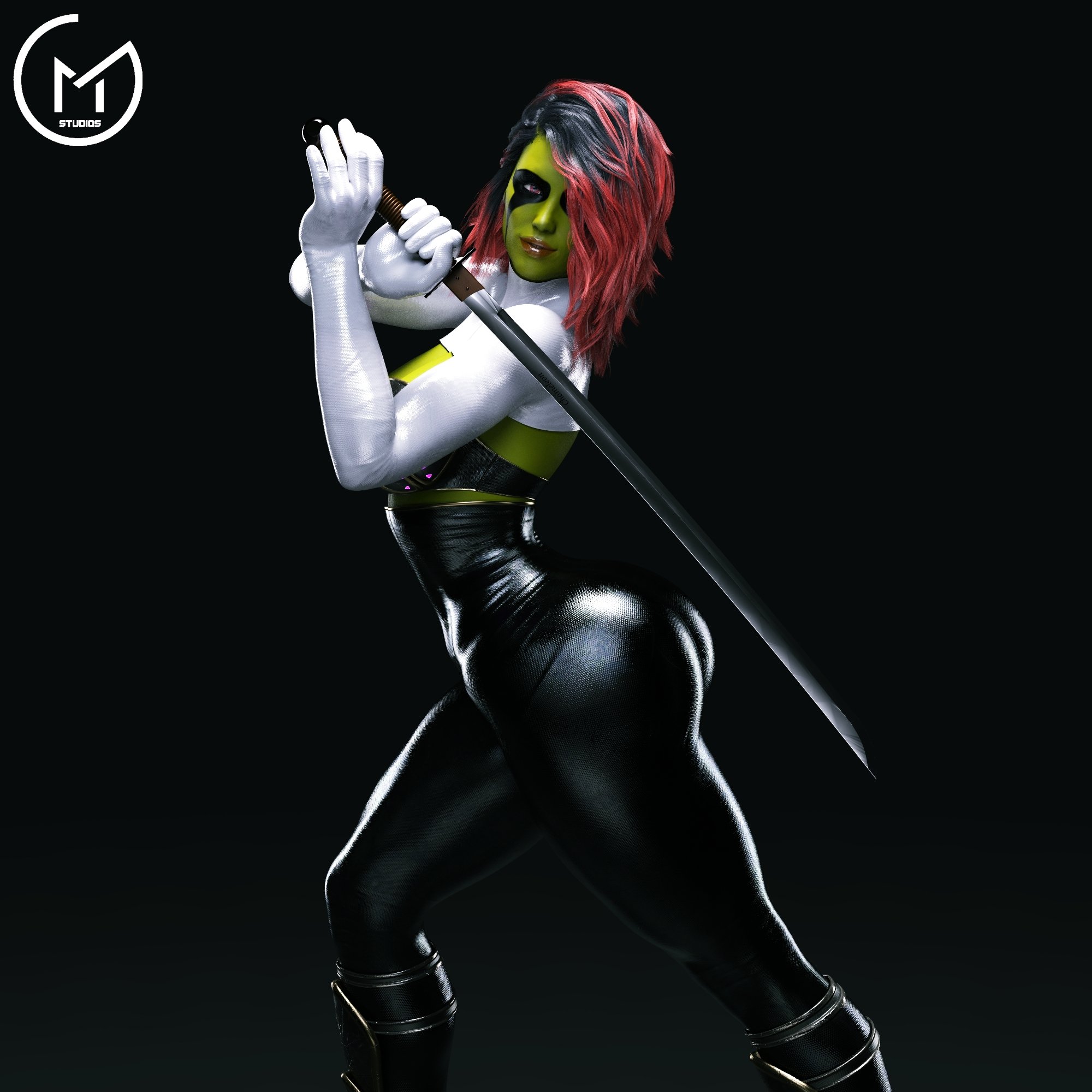 1:1, 1:1 aspect ratio, 1girls, 3d, alien, alien girl, alien look like human, ass, black hair, female, female only, gamora, gm studios, green skin, green-skinned female, guardians of the galaxy, guardians of the galaxy (game), hi res, large ass, marvel, marvel comics, multicolored hair, pants, pink eyes, pose, red hair, skin tight, solo, sword, weapon