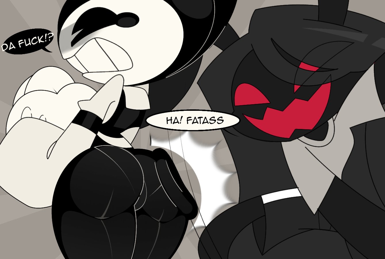 2boys, ass, ass slap, bendy, bendy and the ink machine, demon single, english, english text, male, non-human, original character, quinn (demon single), sleepy headx3 (artist), toony