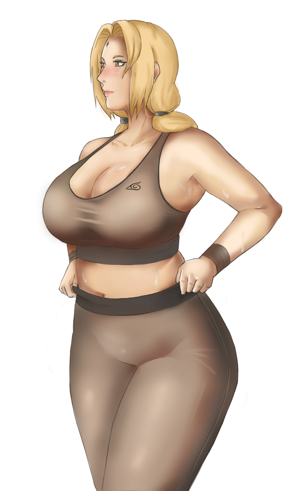 1girls, adjusting clothes, big breasts, blonde hair, blush, breasts, brown eyes, cleavage, female, female only, forehead jewel, fully clothed, huge breasts, konohagakure symbol, large breasts, leggings, mature, mature female, naruto, naruto (series), naruto shippuden, navel, panarandom, solo, sports bra, sportswear, sweat, sweatdrop, sweating, tight clothing, tsunade, twintails, workout clothes