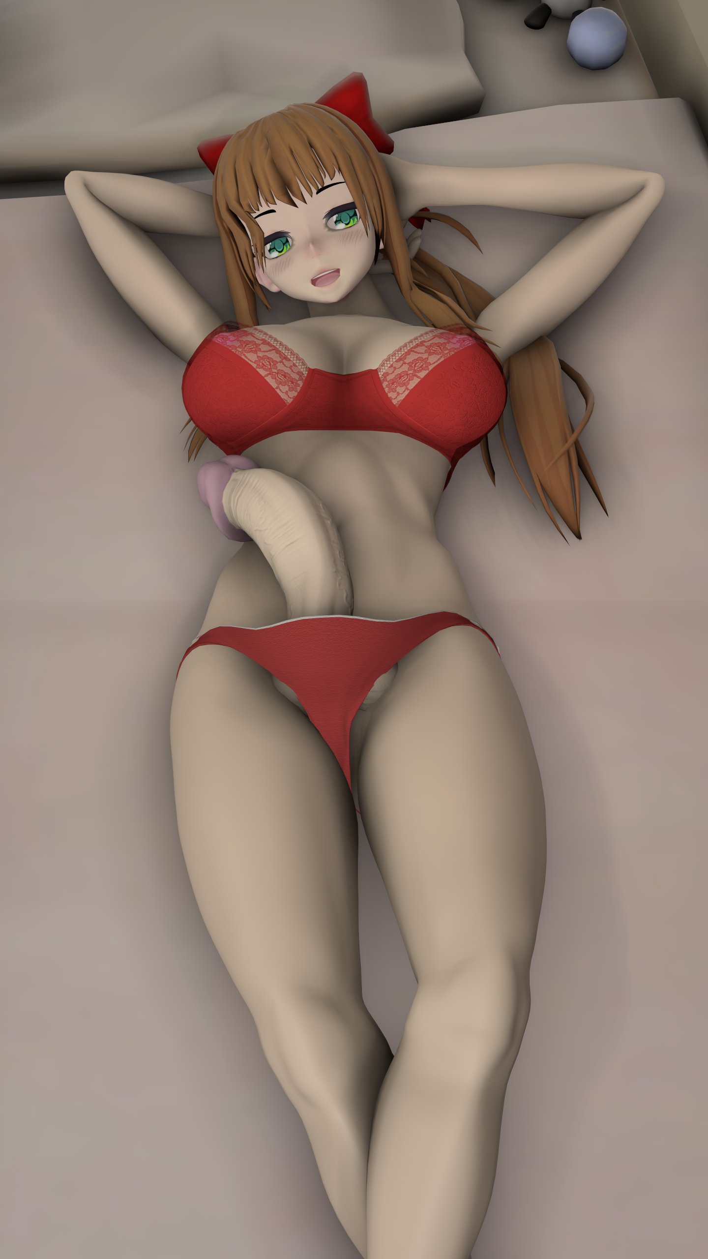 1futa, 3d, bed, clothed, clothing, doki doki literature club, futa only, futanari, hands behind head, human, hyper, intersex, light skin, light-skinned futa, monika (doki doki literature club), mostly nude, penis, quadraticsfm, red underwear, solo, underwear