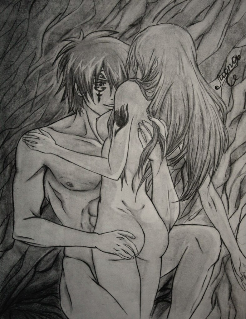 anastasia1312 cave embrace erza_scarlet fairy_tail female greyscale hand_on_ass jellal_fernandes nude romantic scan tattoo_on_arm tattoo_on_face