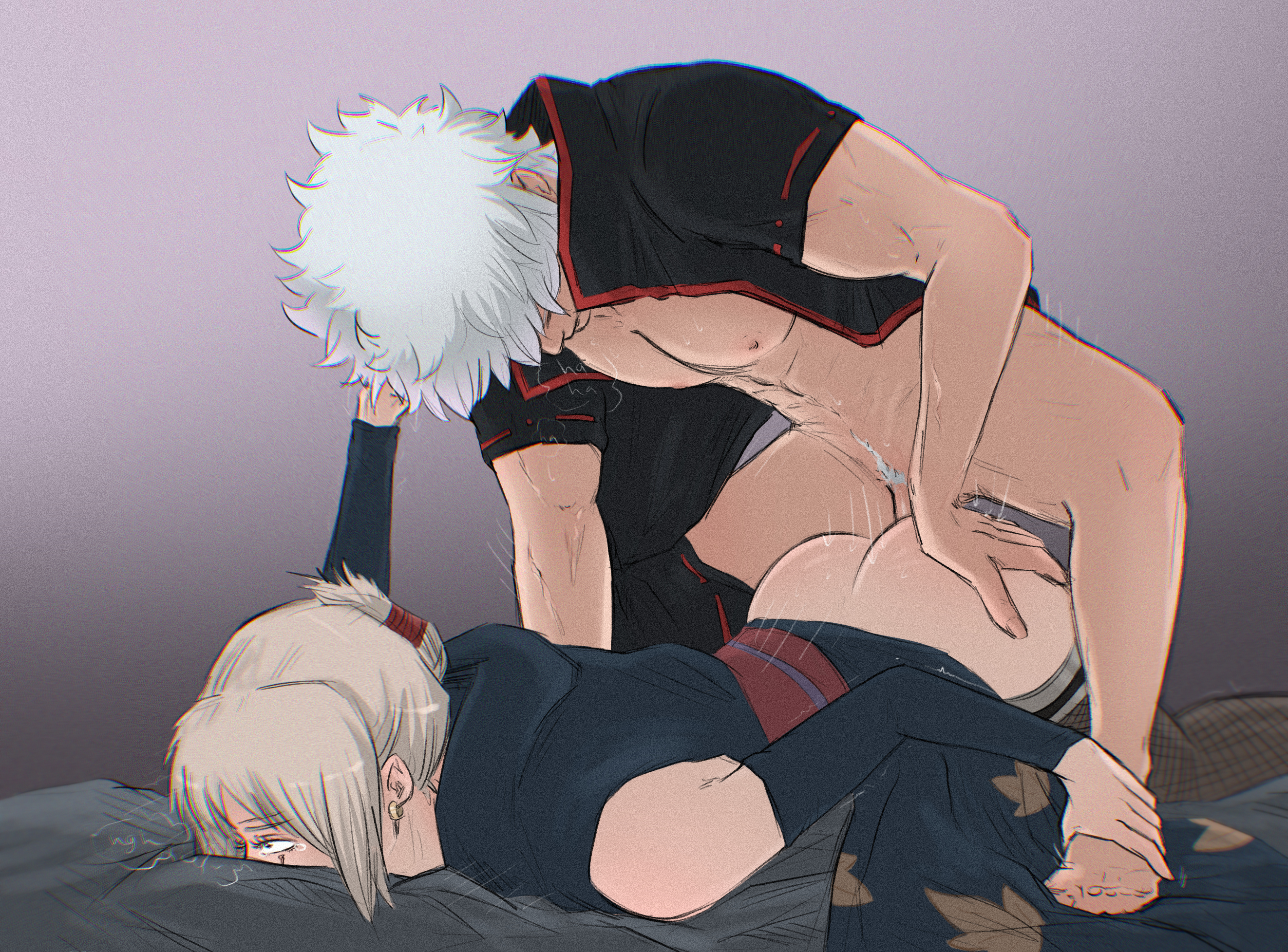 1boy, 1girls, ambiguous penetration, ass, ass up, blonde hair, blonde-haired female, bottomless, bubble ass, bubble butt, clothed sex, female, from behind, gintama, gintoki sakata, gintokisimp, kimono, male, no panties, on bed, on stomach, open shirt, partially clothed, prone bone, thighhighs, tied hair, tsukuyo, wegenaer, white hair, white-haired male