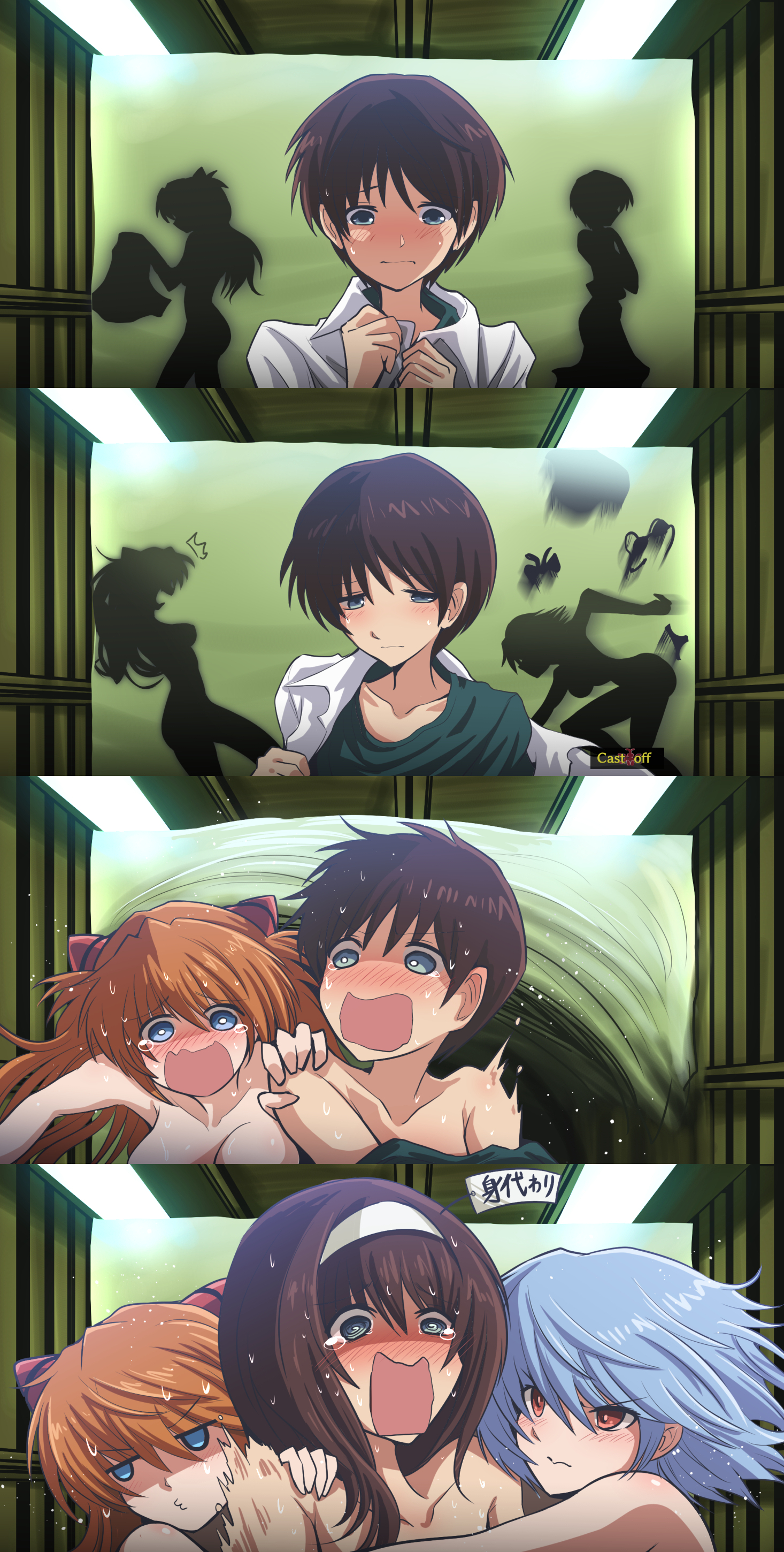 1boy, 2girls, asuka langley sohryu, bathroom, blue eyes, blue hair, blush, brown eyes, brown hair, clothing, curtains, female, feminization, funny, genderswap, male, naked, neon genesis evangelion, rebuild of evangelion, red hair, rei ayanami, rule 63, shinji ikari, shocked expression, silhouette, takanasu05, undressing, wig