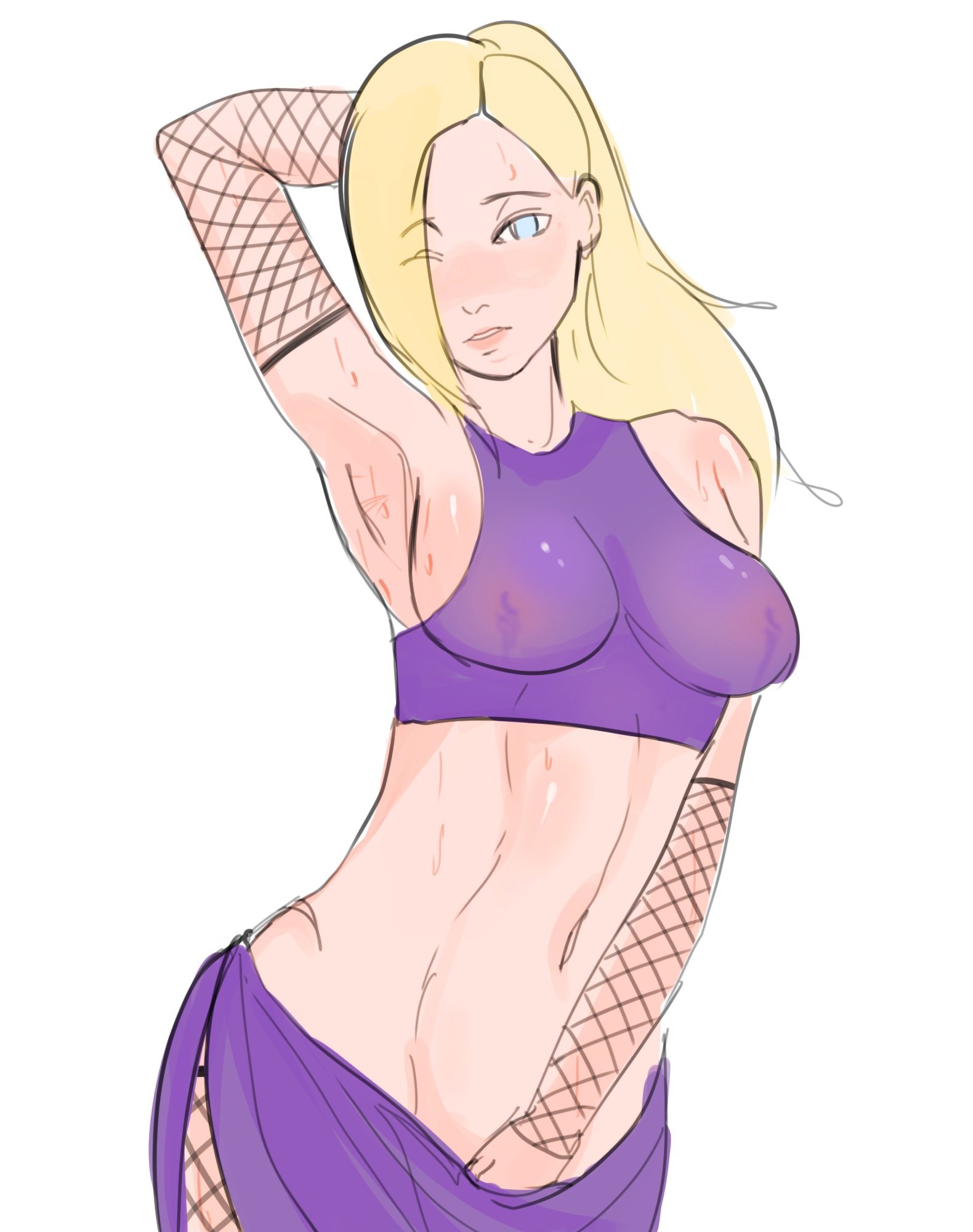 arm behind head, armpits, artist request, cropped legs, cropped shirt, crude drawing, female, female masturbation, female only, fishnets, hand under clothes, hand under skirt, ino yamanaka, masturbation, midriff, naruto, naruto (series), naruto shippuden, nipples, no bra, no panties, one eye closed, ponytail, skirt, sleeveless, sleeveless shirt, solo, solo focus, standing, tied hair, visible nipples