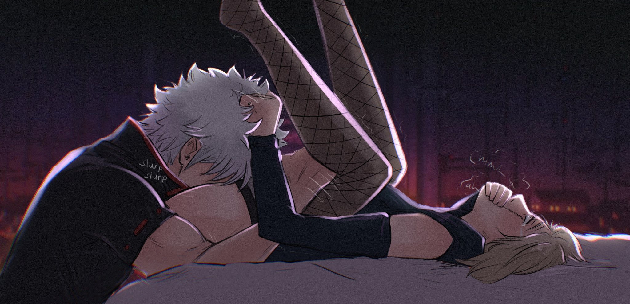 1boy, 1girls, blonde hair, blonde-haired female, covering mouth, cunnilingus, detached sleeves, feet up, female, fishnet thighhighs, fishnets, gintama, gintoki sakata, gintokisimp, hair grab, legs up, looking pleasured, male, on back, on bed, oral, tears, thighhighs, tsukuyo, wegenaer, white hair, white-haired male