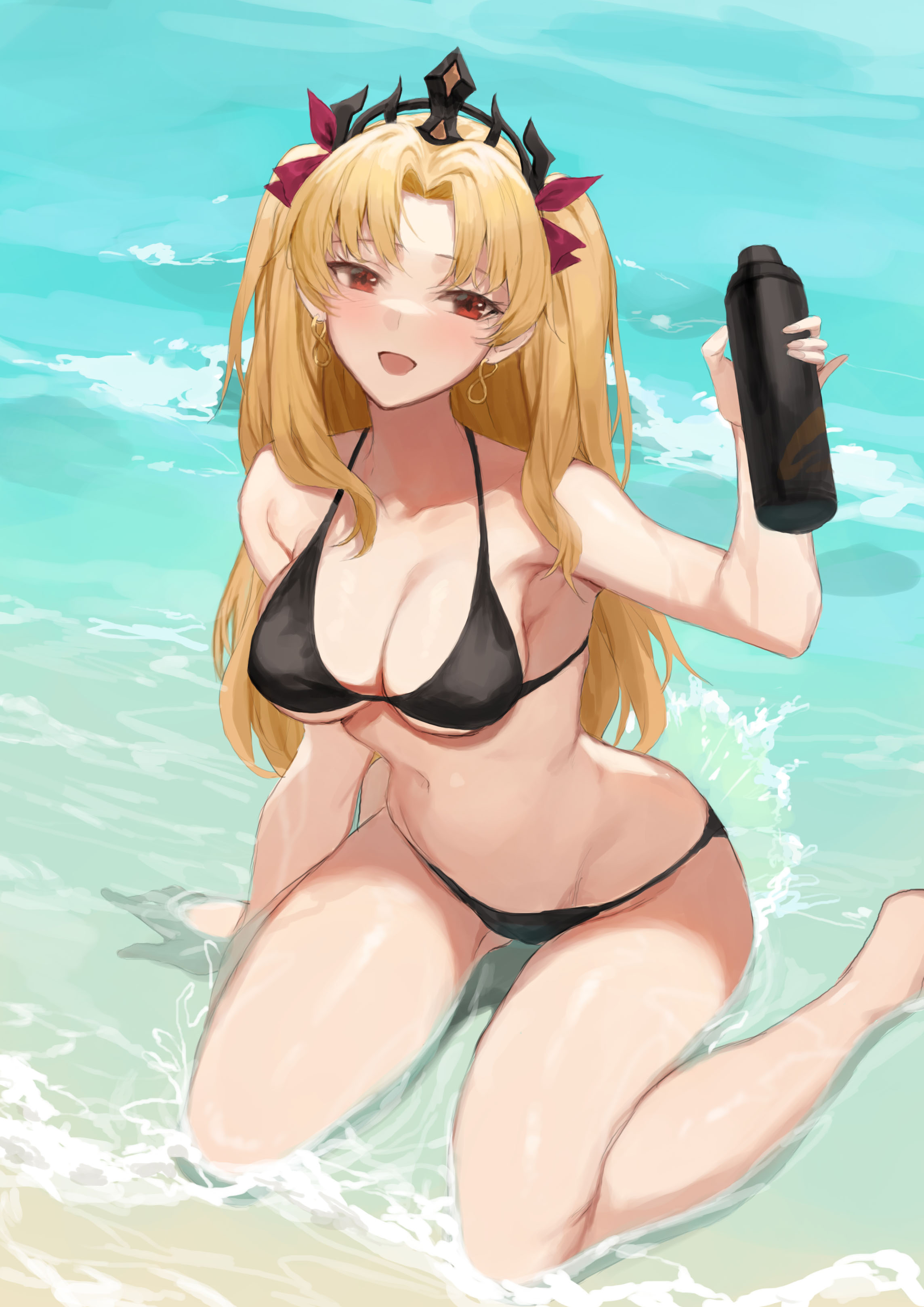 1girls, beach, bikini, black bikini, blonde hair, blush, curvy, ereshkigal (fate), fate (series), fate/grand order, female, female only, hair ornament, kneeling, molyb, sand, solo, swimsuit, thick thighs, twintails, water, water bottle