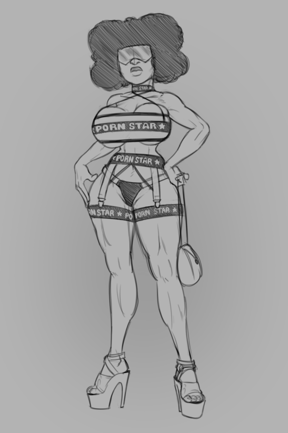1girls, afro, alien, alternate costume, bare shoulders, big breasts, breasts, cartoon network, cleavage, collar, collarbone, english text, eyewear, female, female focus, female only, full body, garnet (steven universe), garter belt, gem (species), gem fusion, grey background, halterneck, hand on hip, high heels, highres, holding object, humanoid, kabrro, large breasts, lips, long hair, monochrome, muscular, muscular female, navel, panties, platform heels, porn star outfit, pornstar (meme), prostitute, prostitution, purse, simple background, solo, solo female, steven universe, text, thick lips, tubetop, underboob, visor, voluptuous