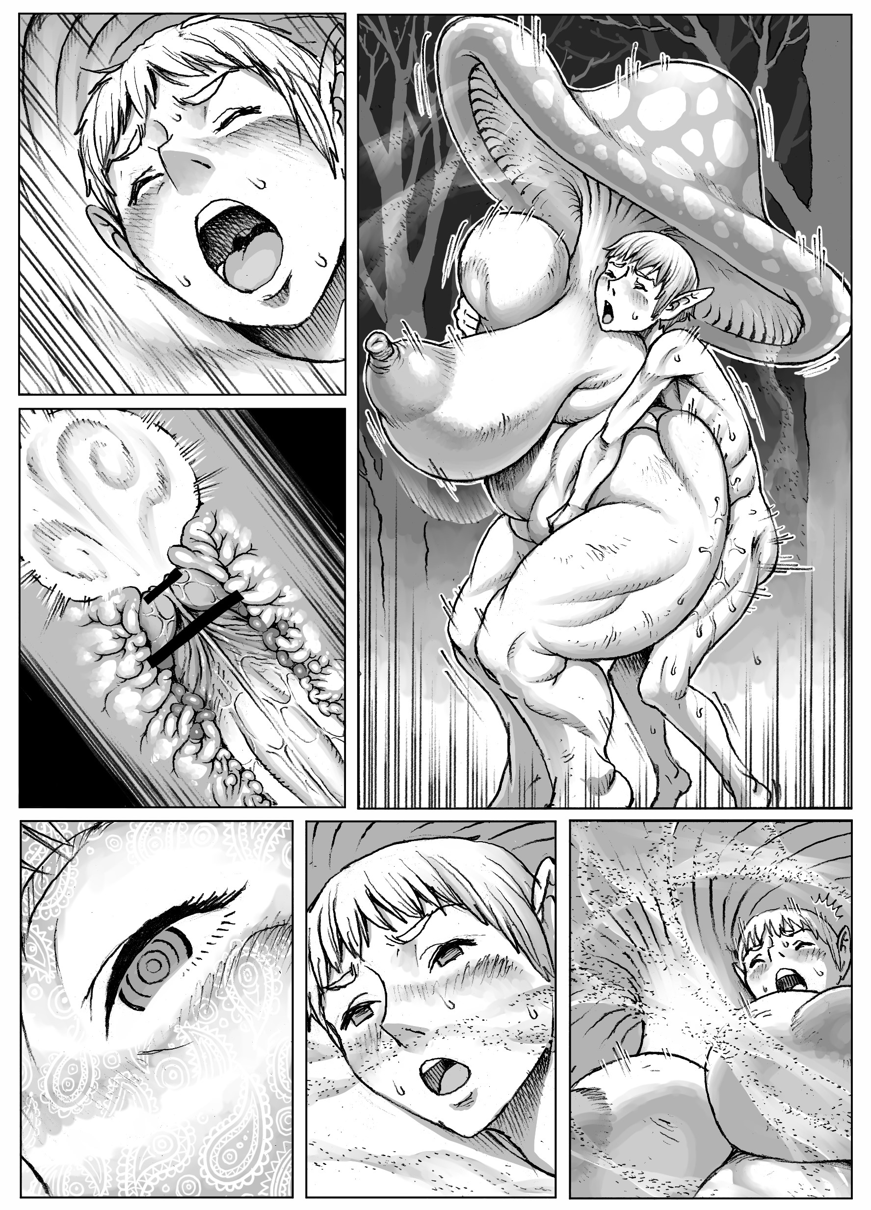 1boy, 1girls, bare shoulders, barefoot, bbw, big breasts, bimbo, black and white, blush, breasts, busty, censored, chubby, closed eyes, cum, cum in pussy, cum inside, curvy, detailed background, double deck, ejaculation, elf, erect nipple, erect nipples, erection, eyelashes, faceless female, female, from behind, front view, fungi humanoid, humanoid, hyper, male, monster, monster girl, mushroom, mushroom humanoid, naked, nipples, no face, nude, open mouth, outdoors, outside, penetration, plant girl, pointy ears, pussy, sex, shaved pussy, short hair, sound effects, standing, sweat, thick thighs, tree, voluptuous
