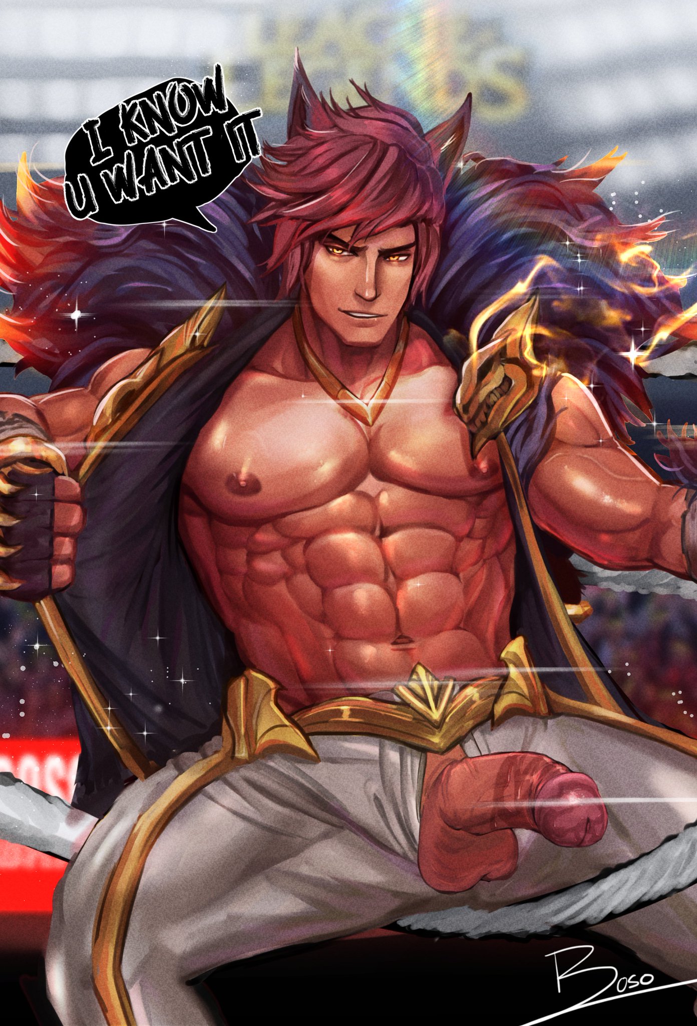 abs, animal ears, boso, bosoromantics, erection, fingerless gloves, fur collar, gay, gold (metal), league of legends, looking at viewer, male, male only, muscular, muscular male, open pants, penis, penis out, red hair, sett, sitting, smile, smirk, solo, speech bubble, spread legs, tan skin, uncensored, yellow eyes