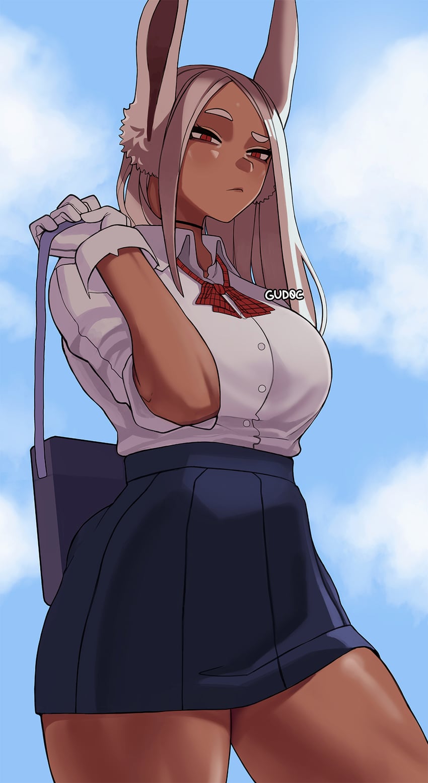 1girls, 2022, breasts, brown skin, bunny ears, bunny tail, dark skin, dark-skinned female, female, fully clothed, gud0c, long hair, looking at viewer, miruko, my hero academia, red eyes, rumi usagiyama, school uniform, schoolgirl, simple background, skirt, slim waist, solo, thick thighs, thighs, white hair, white shirt, white-haired female, wide hips
