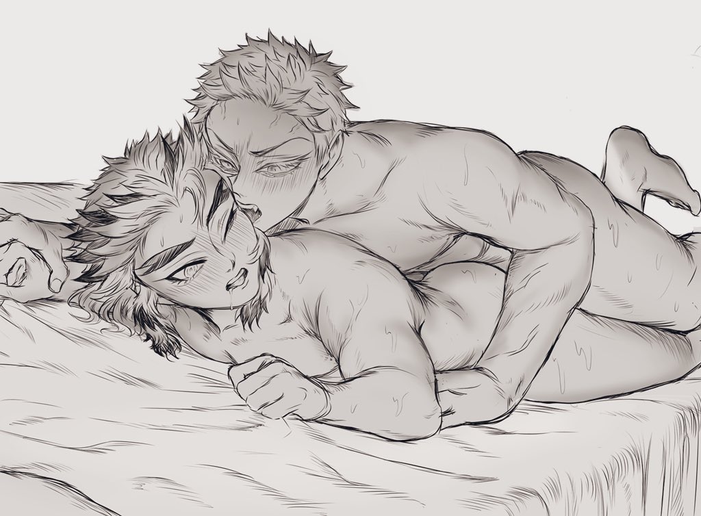2boys, akaza (kimetsu no yaiba), blush, demon slayer, fangs, gay, hand holding, implied anal, kimetsu no yaiba, looking at another, looking back, male, male only, monochrome, muscular, muscular male, on bed, on stomach, one eye closed, pinned, pinned down, rengoku kyoujurou, sheet grab, sweat, thick eyebrows, yaoi