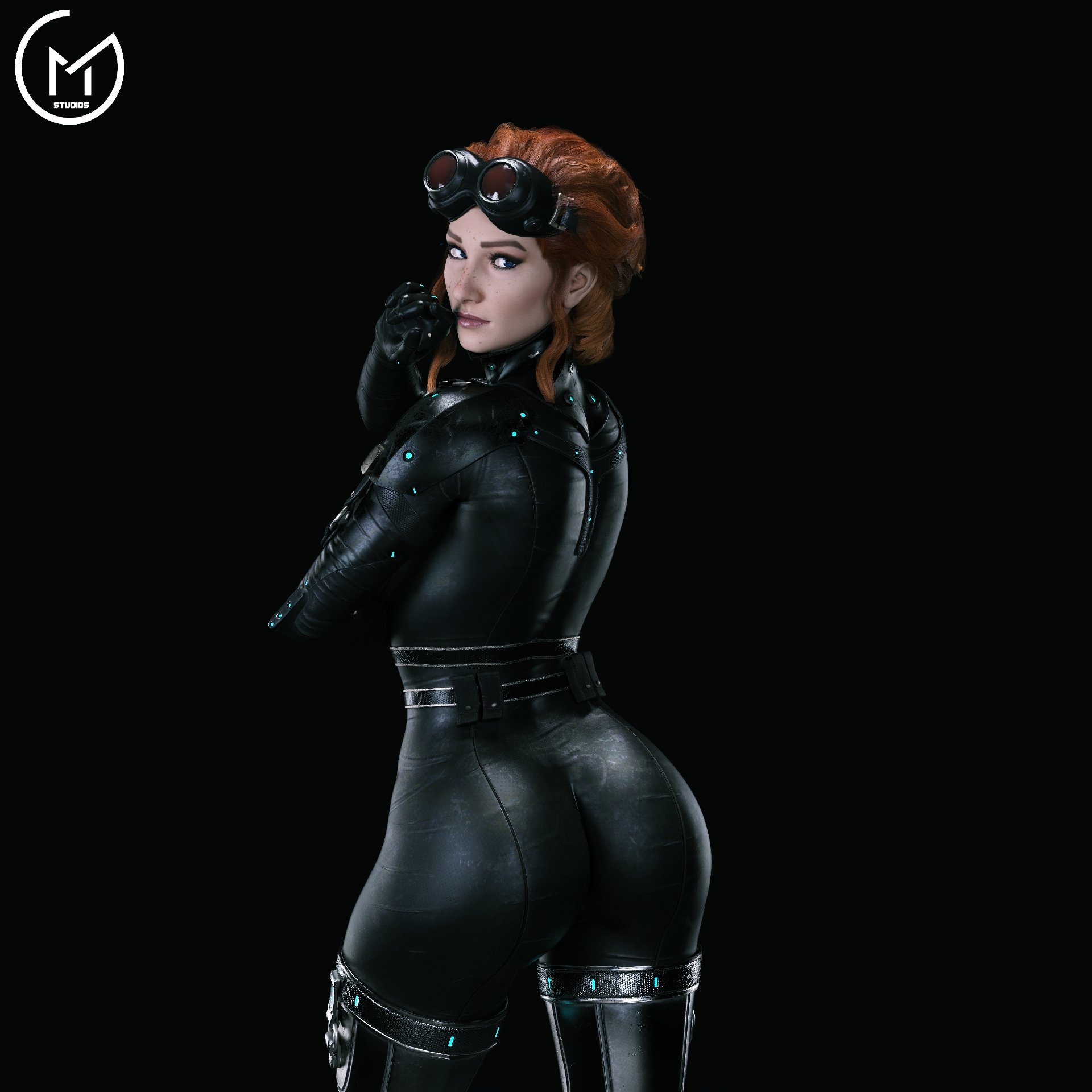1girls, 3d, apex legends, ass, blue eyes, bodysuit, brown hair, eyewear, female, female only, gm studios, goggles, goggles on head, hi res, horizon (apex legends), large ass, solo