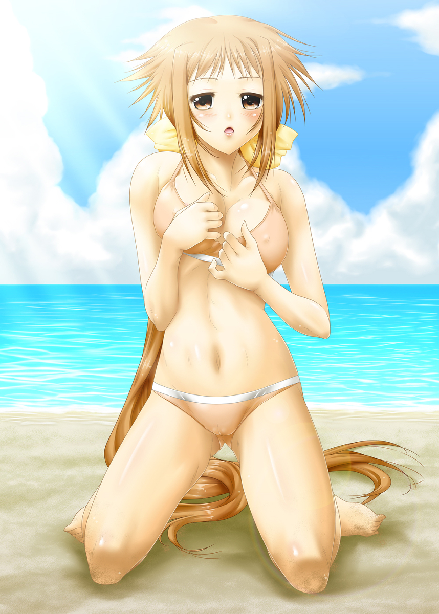 beach bikini brown_eyes brown_hair cameltoe dieci highres kneeling long_hair lyrical_nanoha mahou_shoujo_lyrical_nanoha mahou_shoujo_lyrical_nanoha_strikers numbers numbers_(nanoha) pixiv_manga_sample sand swimsuit