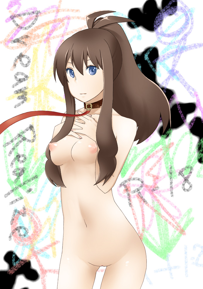 bad_id belt_collar blue_eyes breasts brown_hair collar covering dav female female_only hilda_(pokemon) human human_only leash long_hair looking_at_viewer nintendo nipples nude pokemon pokemon_bw ponytail puffy_nipples pussy sexual_objectification solo tied_hair uncensored