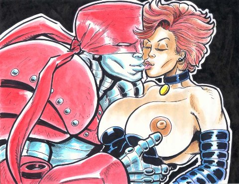 1boy 1girls age_of_apocalypse areola breasts brown_hair choker colossus earrings jewelry kissing kitty_pryde marvel mask nipples piotr_rasputin rob_durham shadowcat x-men