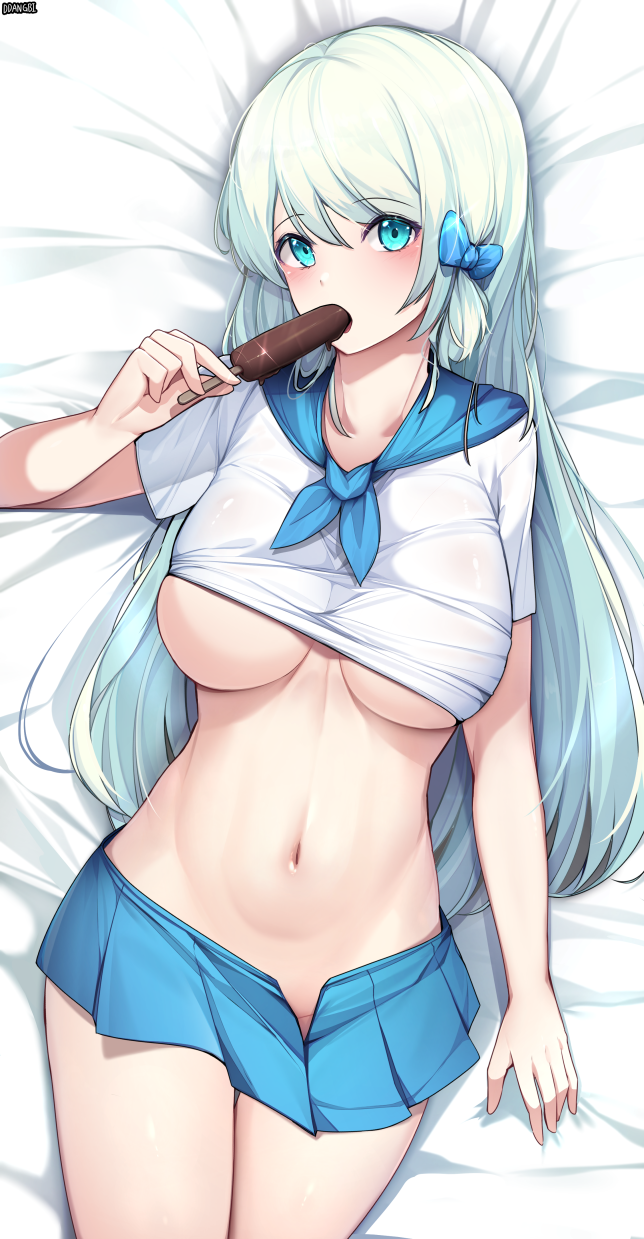 artist_name bangs bed_sheet blue_bow blue_eyes blue_hair blue_neckerchief blue_neckwear blue_sailor_collar blue_skirt blush bow breasts clothes_lift commentary cowboy_shot ddangbi eyebrows_visible_through_hair female food food_in_mouth glint groin hair_between_eyes hairband highres holding holding_food large_breasts long_hair looking_at_viewer lying miniskirt navel neckerchief on_back open_clothes open_skirt original pleated_skirt popsicle sailor_collar school_uniform serafuku shadow shirt_lift sidelocks skirt solo stomach underboob