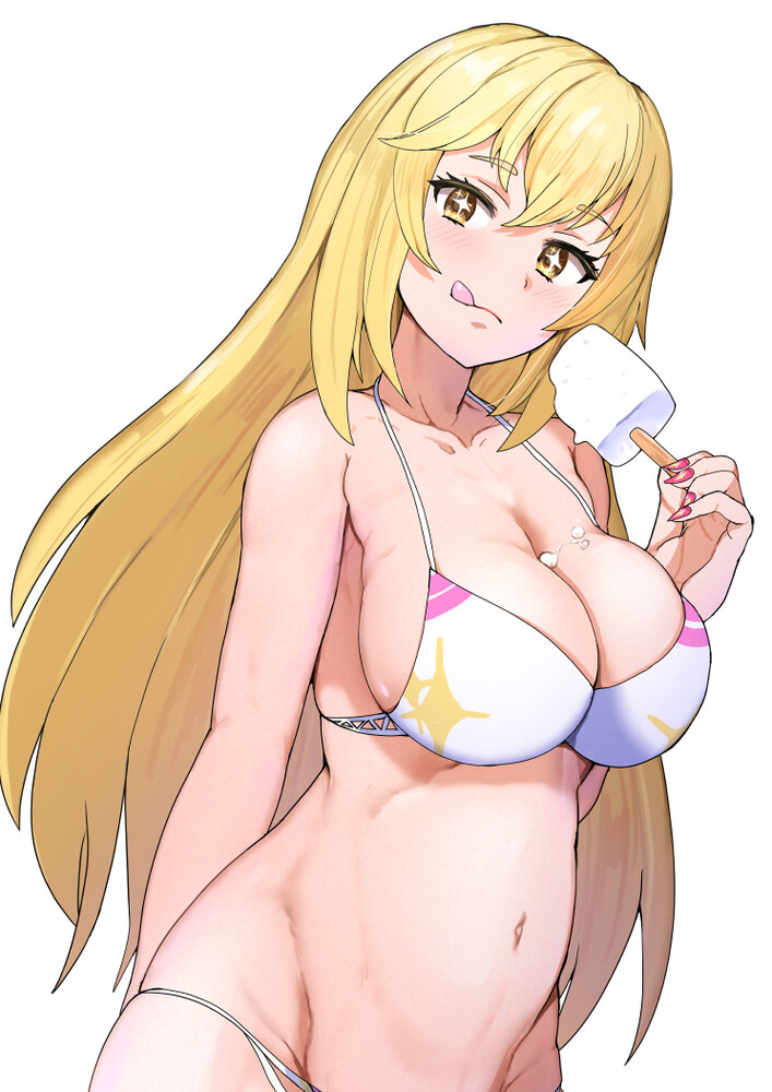 1girls big_breasts bikini blonde_hair breasts brown_eyes female female_only long_hair shokuhou_misaki sikijou77o skj_77o solo solo_female solo_focus sparkling_eyes thighhighs to_aru_kagaku_no_railgun to_aru_majutsu_no_index