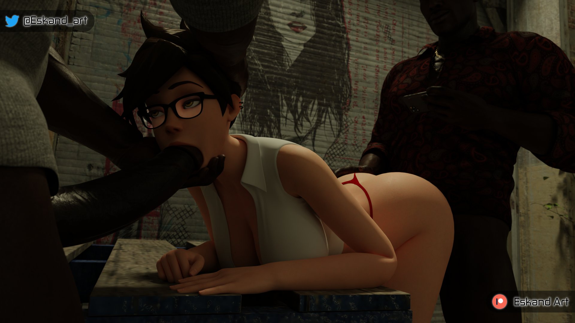 1girls, 3d, blender, dark skin, dark-skinned male, eskandart, female, male, overwatch, tagme, tracer