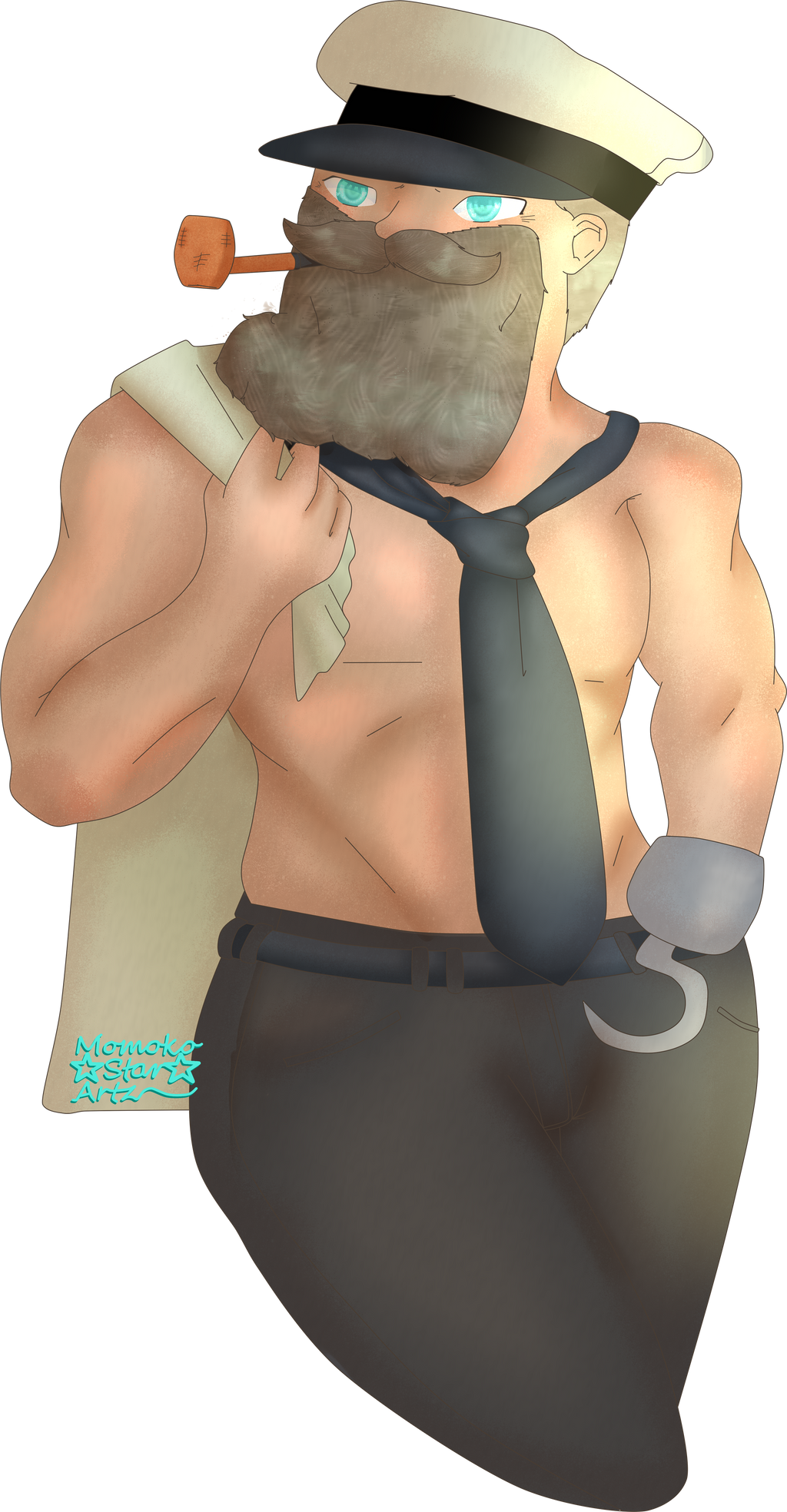 beard black_belt black_tie blue_eyes captain_chuck_hull captain_hat grey_hair hook_hand jackbox_games joke_boat male momokostar muscular older_male pale_skin pipe shirt_over_shoulder signature the_jackbox_party_pack_6