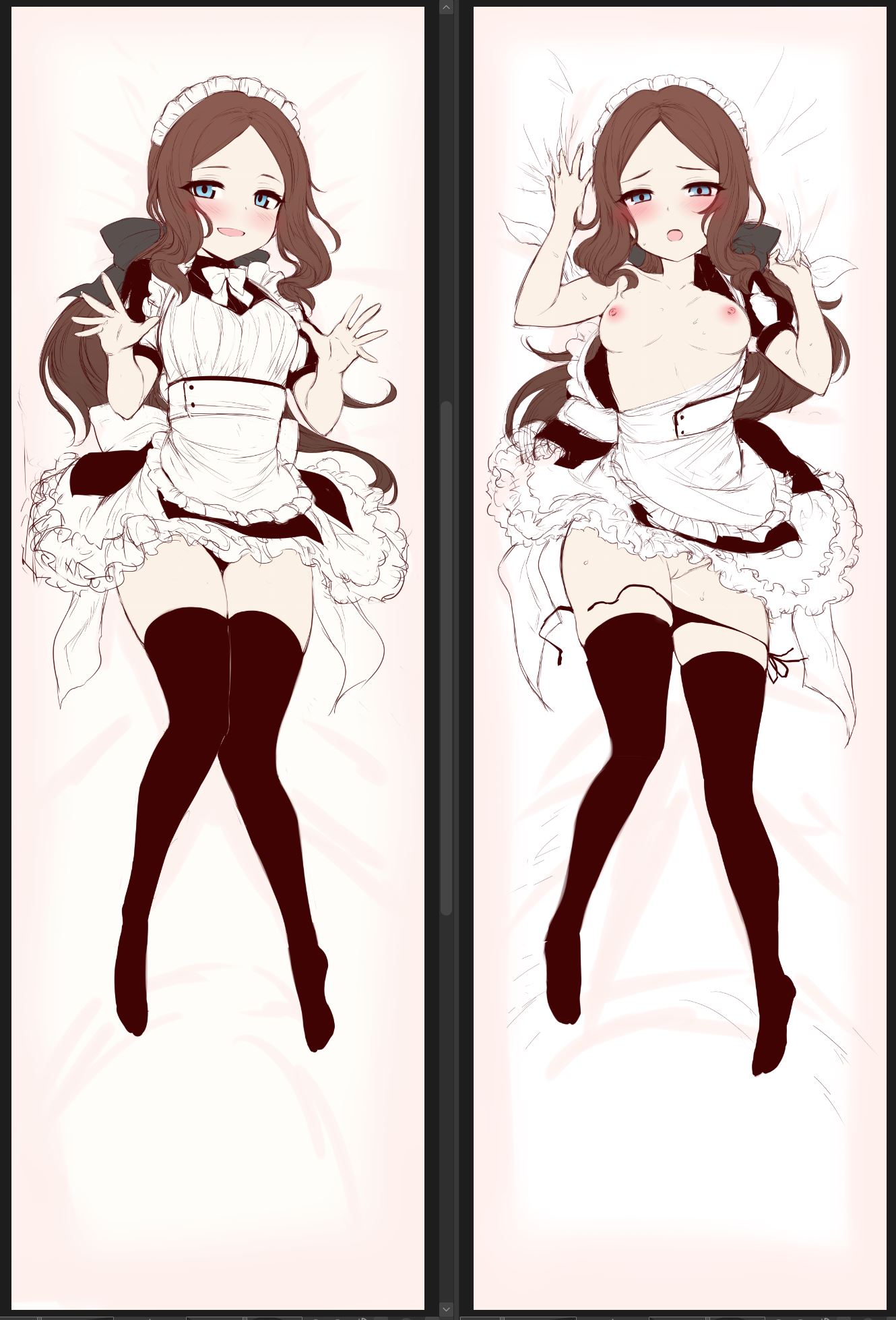 1girls, breasts, color, colored, dakimakura design, fate (series), fate/grand order, female, full body, leonardo da vinci (fate/grand order), leonardo da vinci (rider) (fate), m-da s-tarou, maid, nipples, on back, panties, pussy, simple background, solo, tagme, thighhighs