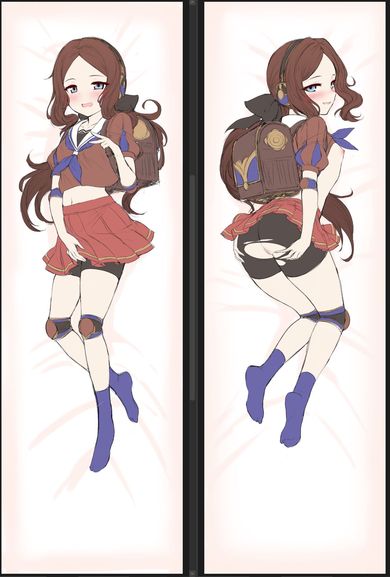 1girls, ass, backpack, bike shorts, breasts, color, colored, dakimakura design, fate (series), fate/grand order, female, full body, leonardo da vinci (fate/grand order), leonardo da vinci (rider) (fate), m-da s-tarou, nipples, shorts, simple background, skirt, small breasts, solo, tagme, torn clothes