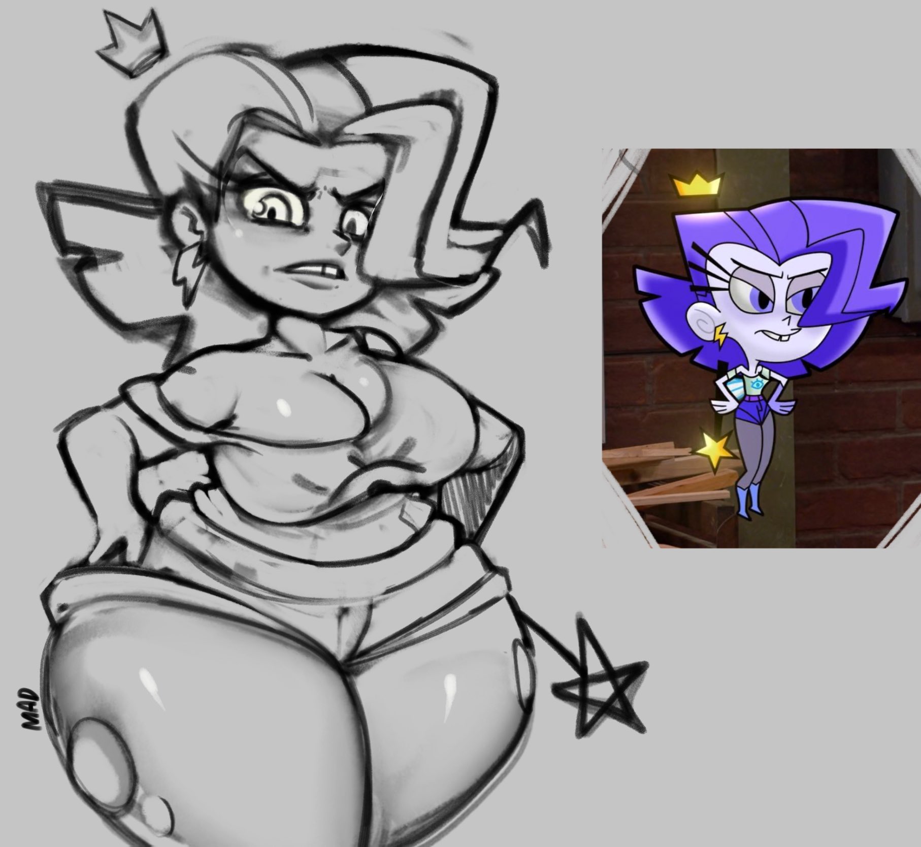 angry, brandy-lynn, breasts, buckteeth, cleavage, daisy dukes, fairy, female, huge breasts, huge thighs, madheaven, monochrome, purple hair, ripped clothing, ripped pantyhose, shortstack, sketch, skindentation, the fairly oddparents, thick thighs, wide hips