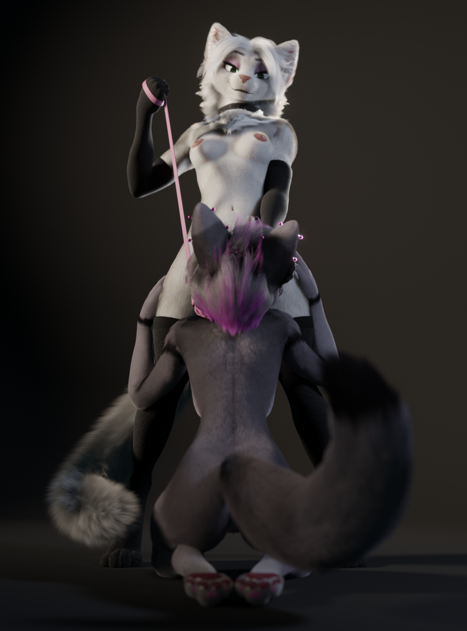 3d 3d_(artwork) anthro armwear bangs black_collar bondage breasts canid canine clothing collar digital_media_(artwork) dipstick_tail dominant dominant_female duo ear_piercing elbow_gloves eyebrows feet felid female female/female fingers fluffy fluffy_tail fur furry furry_only gloves green_eyes grey_body grey_fur hair handwear hi_res highlights_(coloring) hip_grab implied_cunnilingus industrial_piercing katiana_(ruaidri) kneeling leash leash_pull legwear low-angle_view mammal markings naked navel neck_tuft nipples nude obedience pawpads piercing pink_highlights pink_leash pink_nipples pink_pawpads pink_piercing pussy raised_eyebrow ruaidri simple_background stockings submissive submissive_female syandene tail tail_markings teeth thigh_highs tuft white_body white_fur white_hair yuri