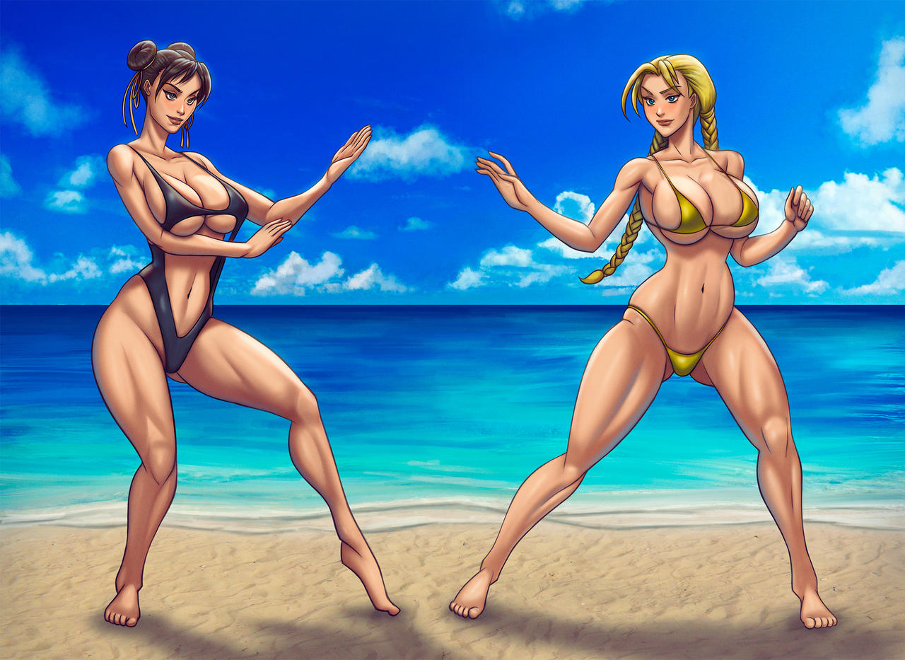 2girls beach bikini blonde_hair blue_eyes brown_eyes brown_hair cammy_white capcom chun-li derushy large_breasts revealing_swimsuit seaside street_fighter swimsuit thick_thighs twin_braids twintails voluptuous