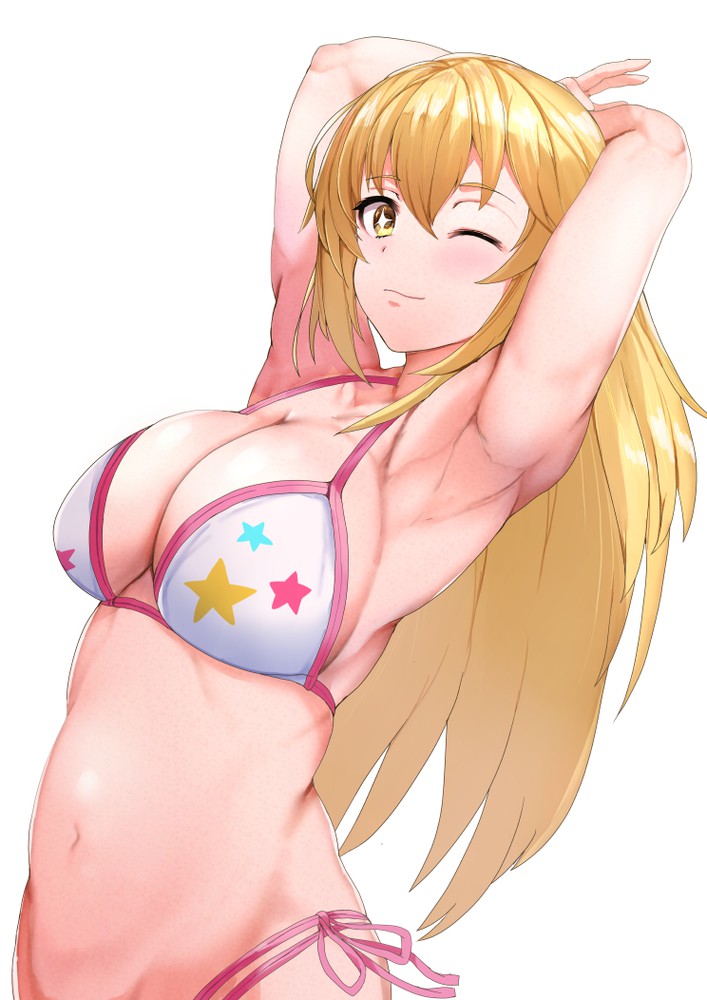 1girls big_breasts bikini blonde_hair breasts brown_eyes female female_only long_hair shokuhou_misaki sikijou77o skj_77o solo solo_female solo_focus sparkling_eyes to_aru_kagaku_no_railgun to_aru_majutsu_no_index