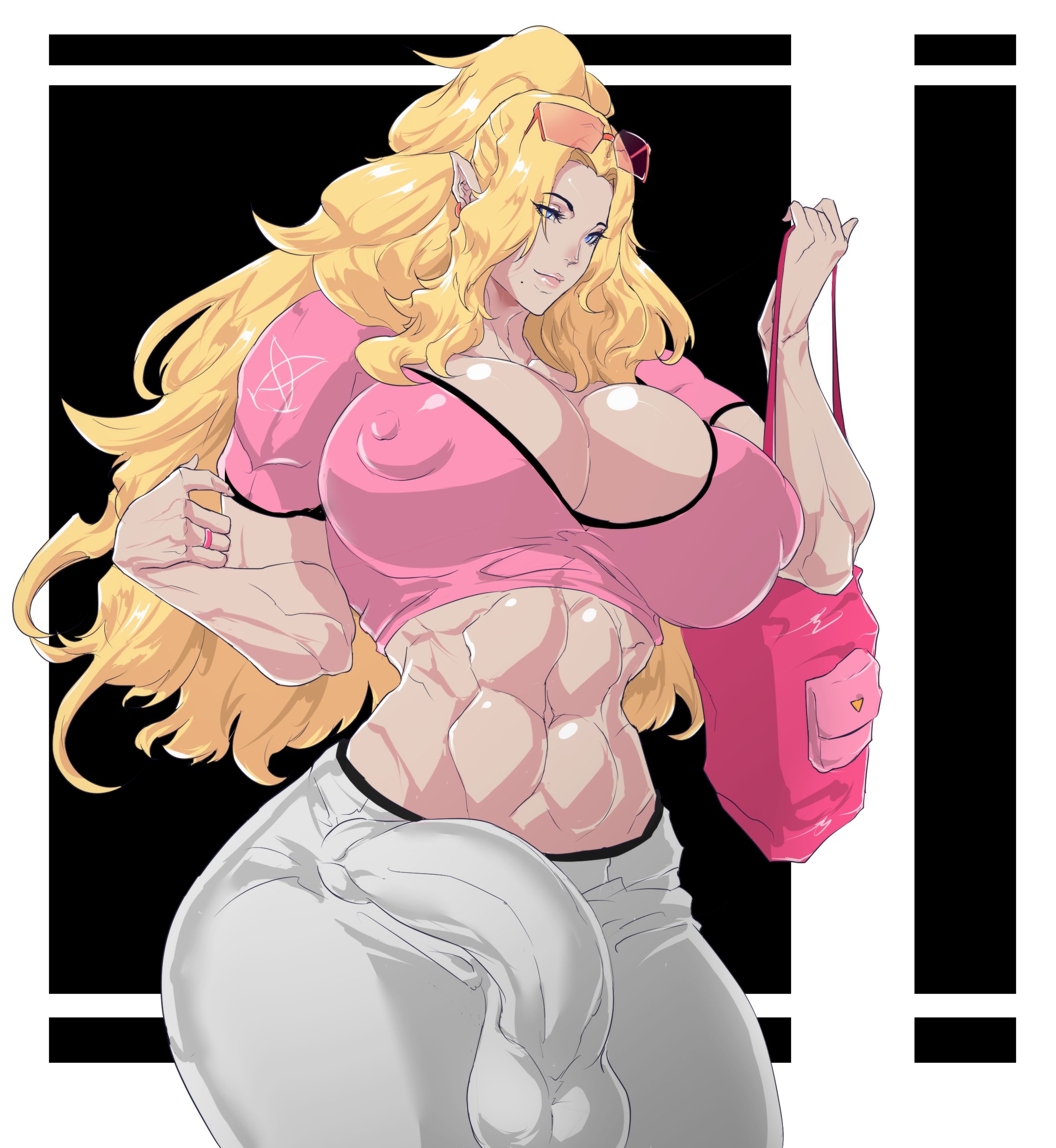 1futa, abs, athletic, athletic futa, balls, big breasts, big penis, blonde hair, breasts, bulge, cleavage, clothed, clothing, elf, erection, erection under clothes, fully clothed, futa only, futanari, huge cock, human, intersex, large breasts, light skin, light-skinned futa, long hair, muscular, muscular futa, nipple bulge, penis, pointy ears, skin tight, solo, solo futa, standing, tenchizone