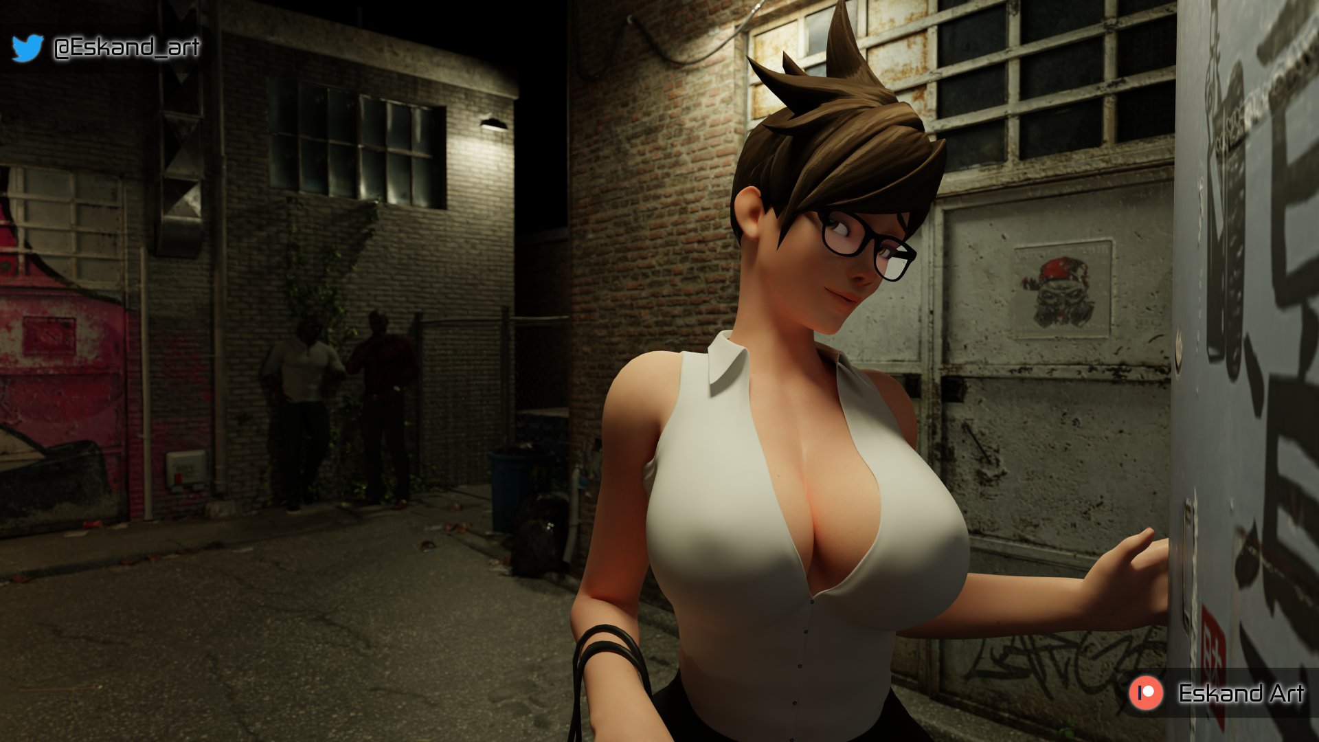 1girls, 3d, big breasts, blender, breasts, dark skin, dark-skinned male, eskandart, female, interracial, male, overwatch, tagme, tracer