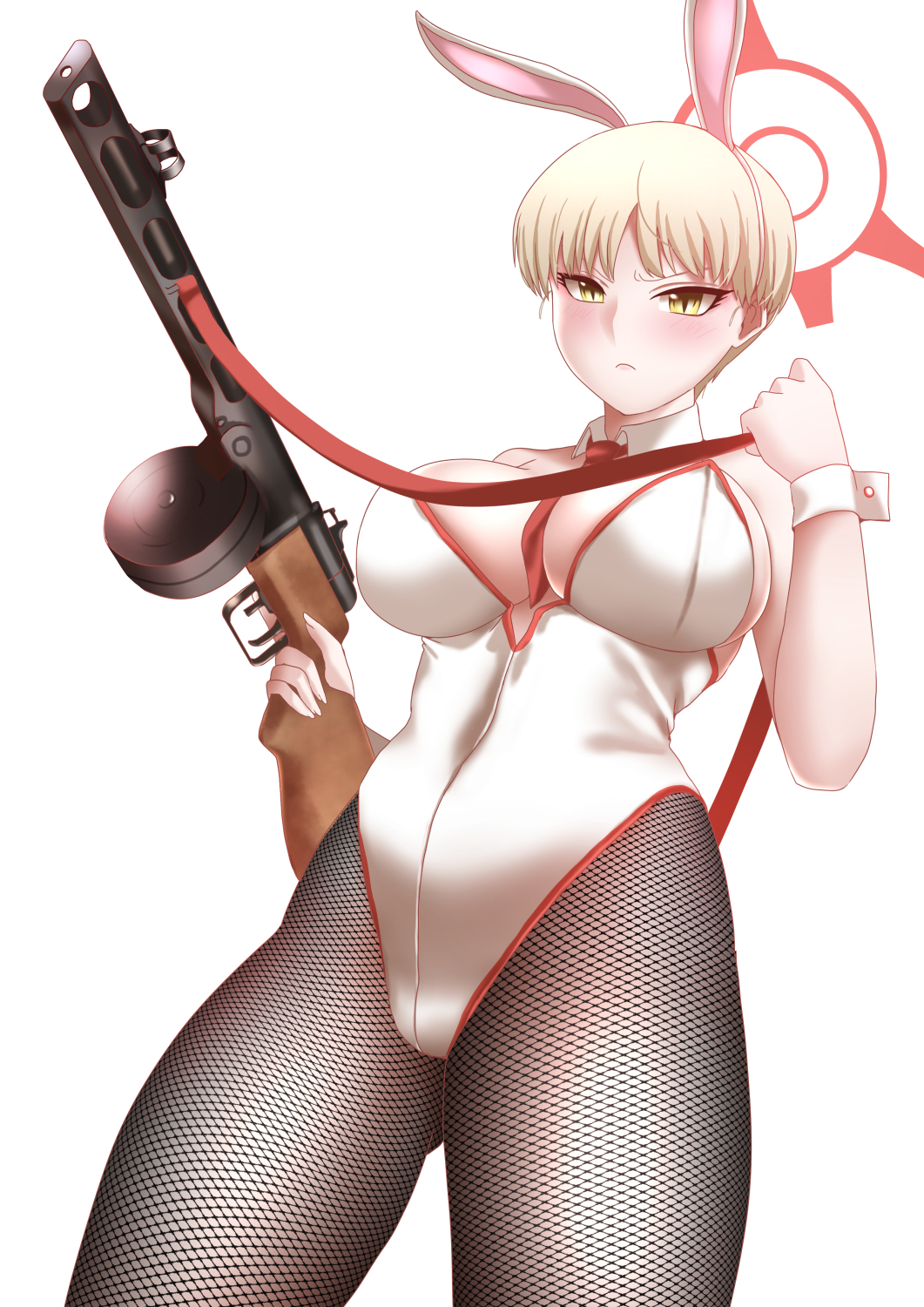 1girls automatic_weapon big_breasts blue_archive blush breasts bunny_ears bunny_girl bunnysuit curtains curvaceous curvy curvy_body curvy_female female female_focus gun huge_breasts kanda23010177 large_breasts looking_at_viewer marina_(blue_archive) pantyhose ppsh_41 short_hair submachine_gun very_short_hair voluptuous weapon