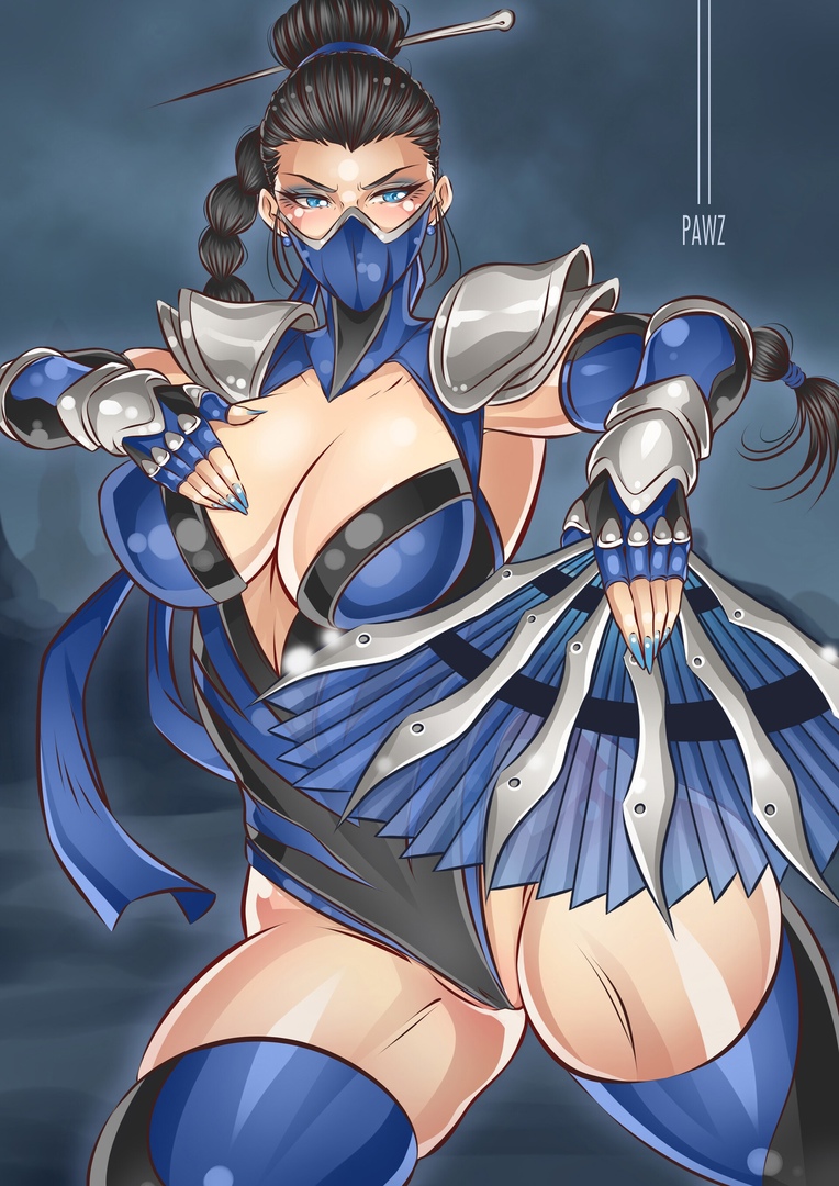 2d armor big_breasts blue_eyes breasts cleavage eyelashes fan flushed kitana light-skinned_female makeup mask mortal_kombat nails ninja painted_nails pawz_(artist) pawzncupz solo solo_female tendrils thick_thighs thighs thunder_thighs tied_hair tight_clothing touching_breast