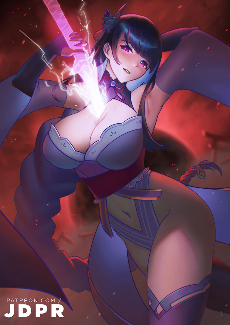 1girls armpits ass big_breasts braid breasts curvaceous curvy female female_only genshin_impact hips jdpr katana legs leotard mature mature_female purple_eyes purple_hair raiden_shogun solo solo_female sword thick_thighs thighhighs thighs wide_hips