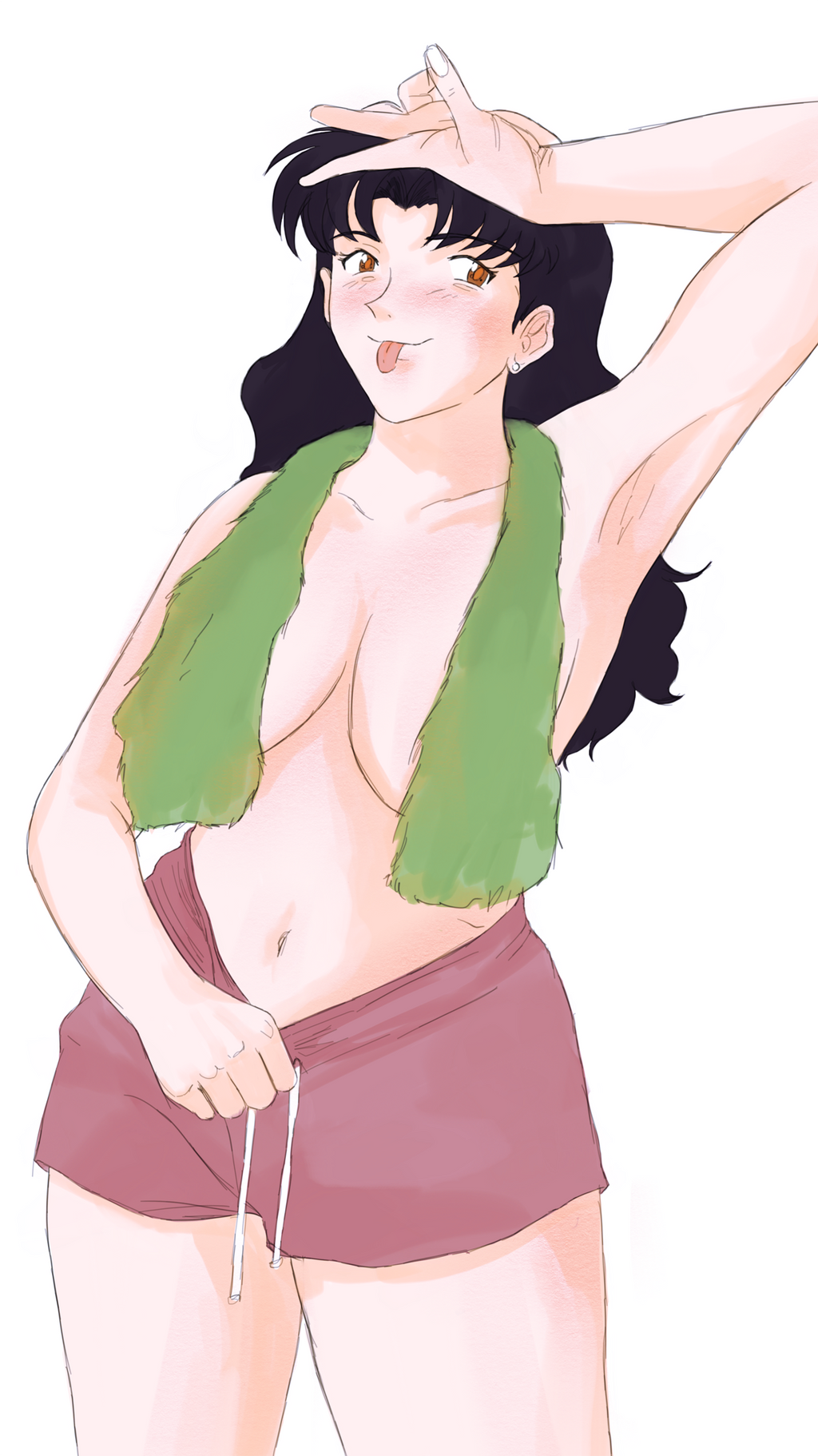 :p armpits blush breasts clothing green_towel large_breasts long_hair misato_katsuragi neon_genesis_evangelion playful purple_hair shorts spiraltoys thighs tongue tongue_out towel