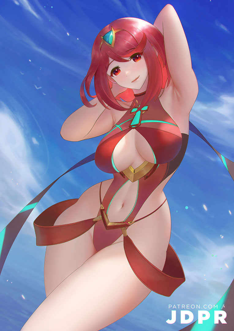 1girls alternate_version_available armpits big_breasts breasts cleavage female female_only hand_on_head hips jdpr legs leotard pyra red_eyes red_hair smile solo solo_female tagme thick_thighs thighs xenoblade_(series) xenoblade_chronicles_2