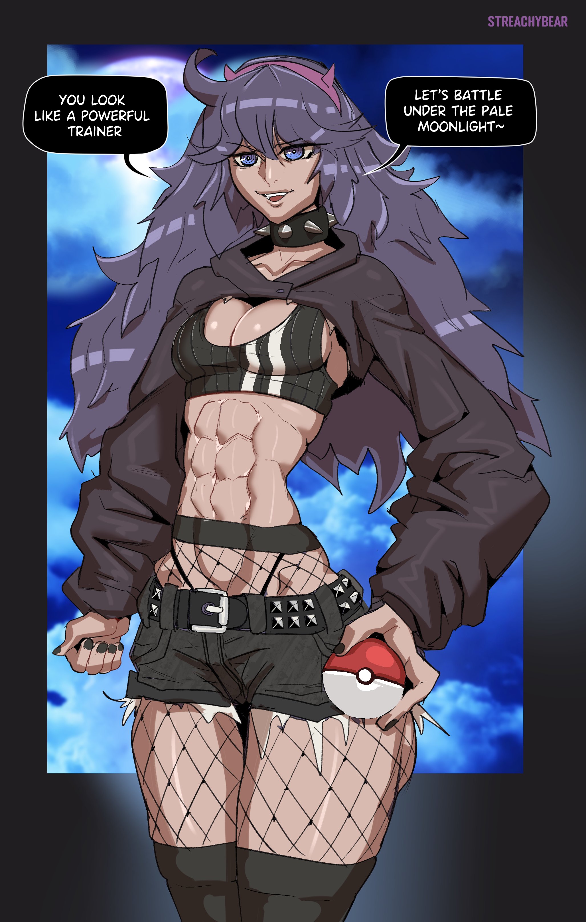 1girls, abs, athletic, athletic female, breasts, cleavage, dialogue, female, female only, hex maniac, hourglass figure, human, muscular, muscular female, pokeball, pokemon, purple hair, solo, solo female, standing, streachybear, talking to viewer, text, thighhighs