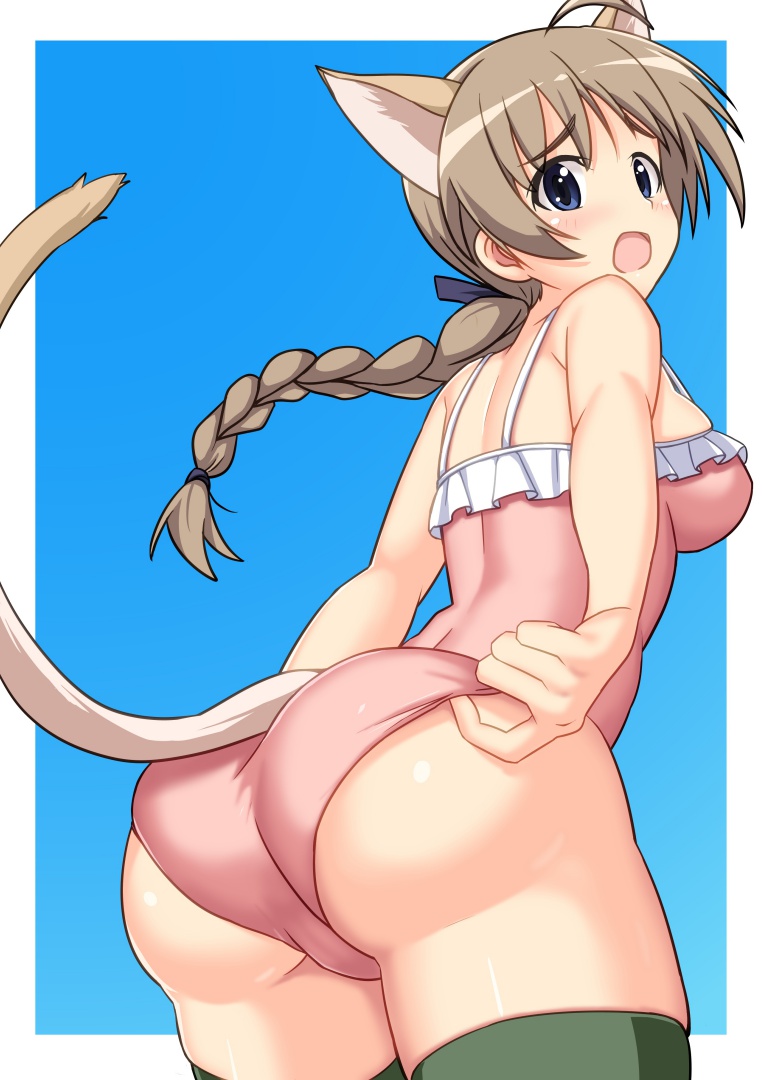 1girls anthro ass big_ass big_breasts blue_eyes blush breasts brown_hair cat_ears cat_tail catgirl female_focus female_only guchiaki hi_res long_hair looking_at_viewer looking_back lynette_bishop medium_breasts one-piece_swimsuit open_mouth pose revealing_clothes sideboob simple_background solo stockings strike_witches swimsuit