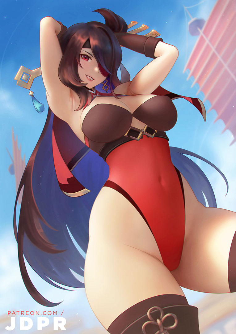 1girls beidou_(genshin_impact) big_breasts breasts brown_hair eye_patch female female_only genshin_impact hands_behind_head hips jdpr legs leotard long_hair mature mature_female pirate red_eyes solo solo_female thick_thighs thighs wide_hips