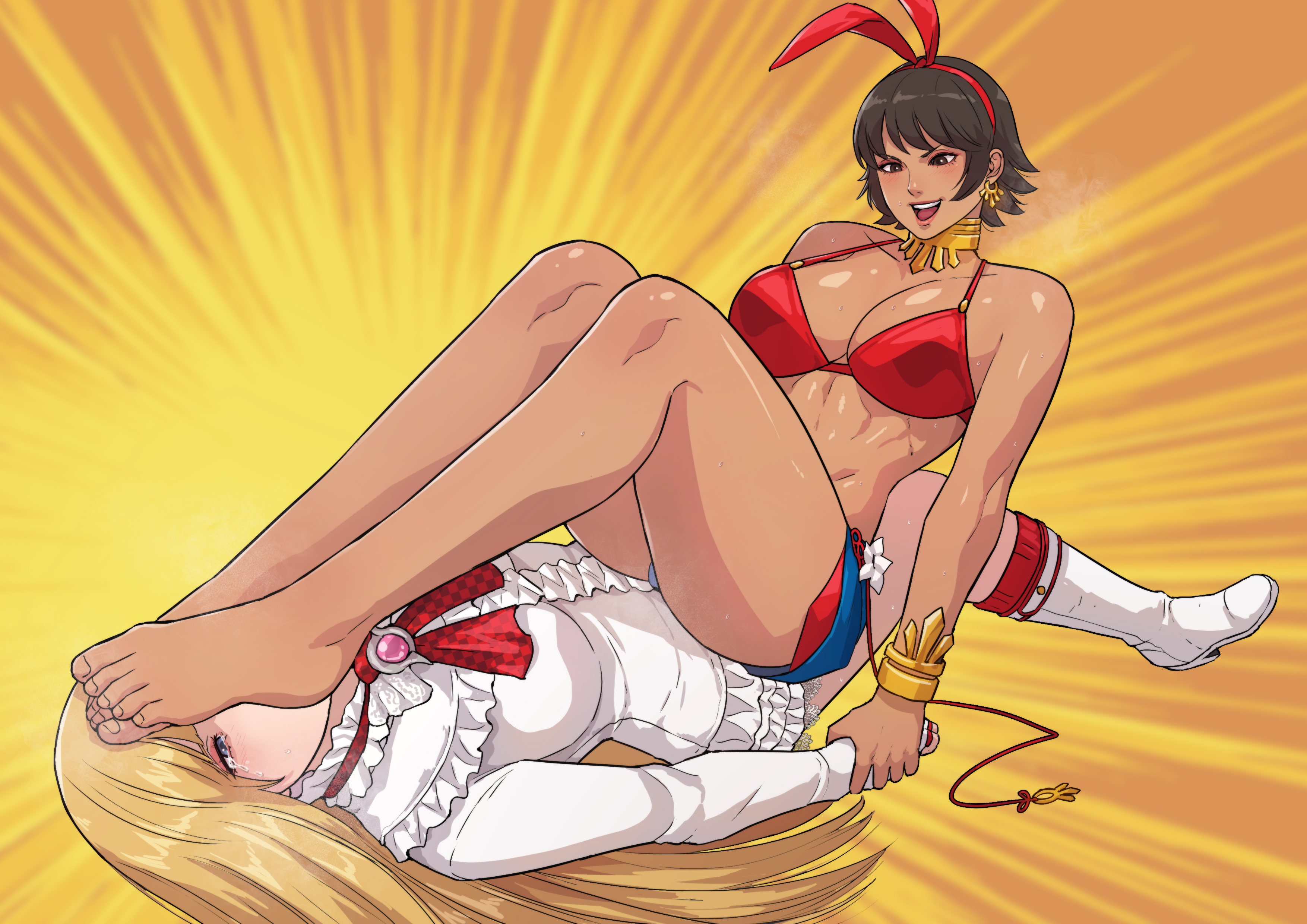 2d, 2girls, abs, ass, big ass, blonde hair, breasts, catfight, cirenk, cleavage, dark skin, dark-skinned female, emilie de rochefort, feet, feet on face, female, female only, filipina, filipino female, foot fetish, foot worship, grabbing legs, interracial, interracial yuri, josie rizal, light skin, light-skinned female, multiple females, multiple girls, namco, panties, tekken, tekken 7, thick thighs, yuri