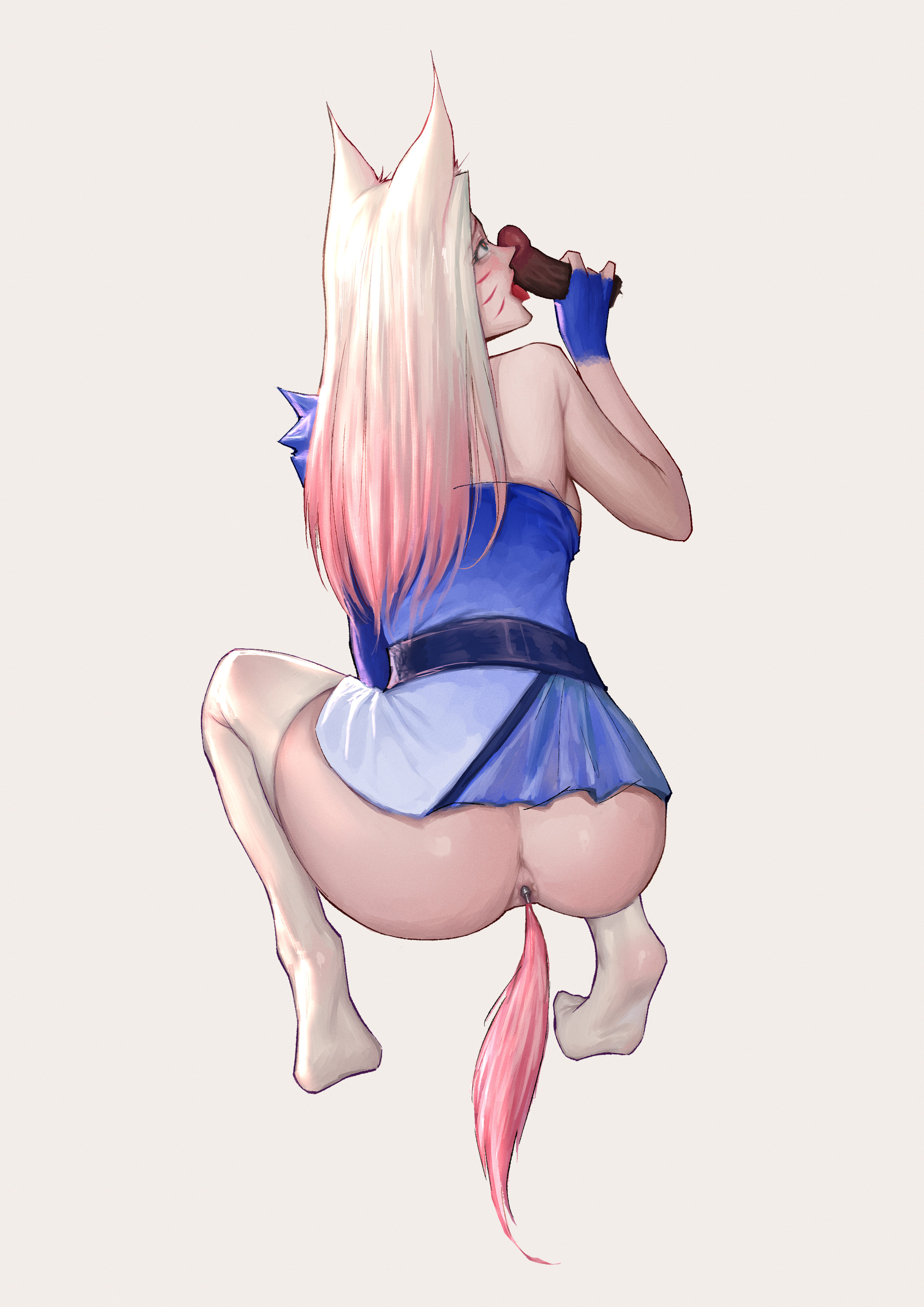 1girls, ahri, anal, anal plug, anal toy, anal training, animal ears, blonde hair, buttplug, buttplug tail, dress, female, k/da ahri, k/da all out ahri, k/da all out series, k/da series, league of legends, licking penis, male, mumuuuy, mumuy, oral, oral sex, penis, penis lick, petite, riot games, simple background, squatting, stockings, two-tone hair
