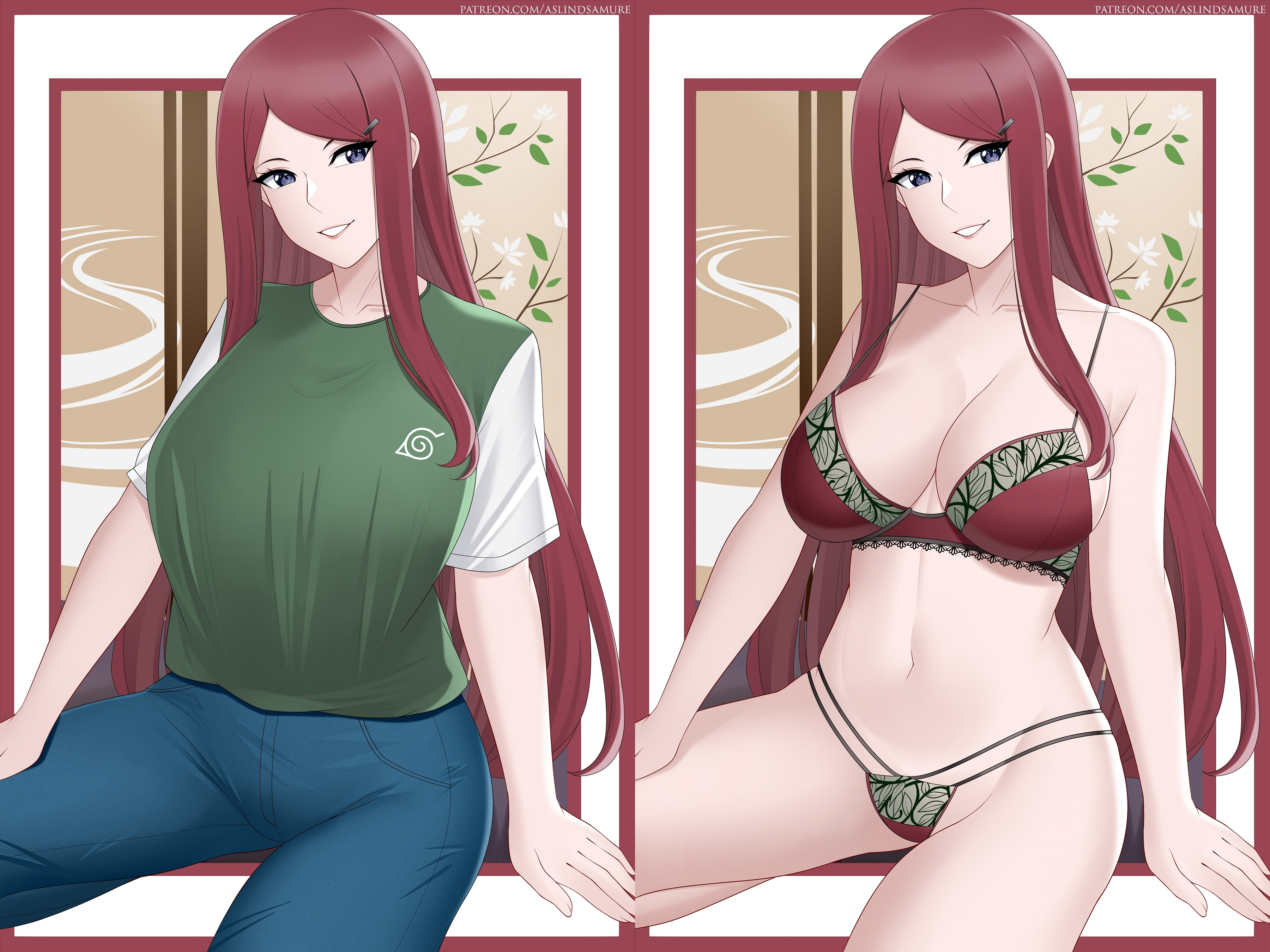 1girls, aslindsamure, belly button, big breasts, bra, breasts, busty, cleavage, clothed, clothing, female, female focus, female only, fully clothed, g-string, hairclip, highres, jeans, konohagakure symbol, large breasts, light skin, light-skinned female, lingerie, lips, lipstick, long hair, looking at viewer, naruto, naruto (series), naruto shippuden, pale skin, pale-skinned female, panties, parted lips, pink lips, pink lipstick, pinup, pose, posing, red bra, red hair, red lingerie, red panties, red thong, shounen jump, sitting, smile, smiling, solo, solo female, solo focus, t-shirt, teeth, thighs, thong, uzumaki kushina, very long hair, voluptuous, wide hips