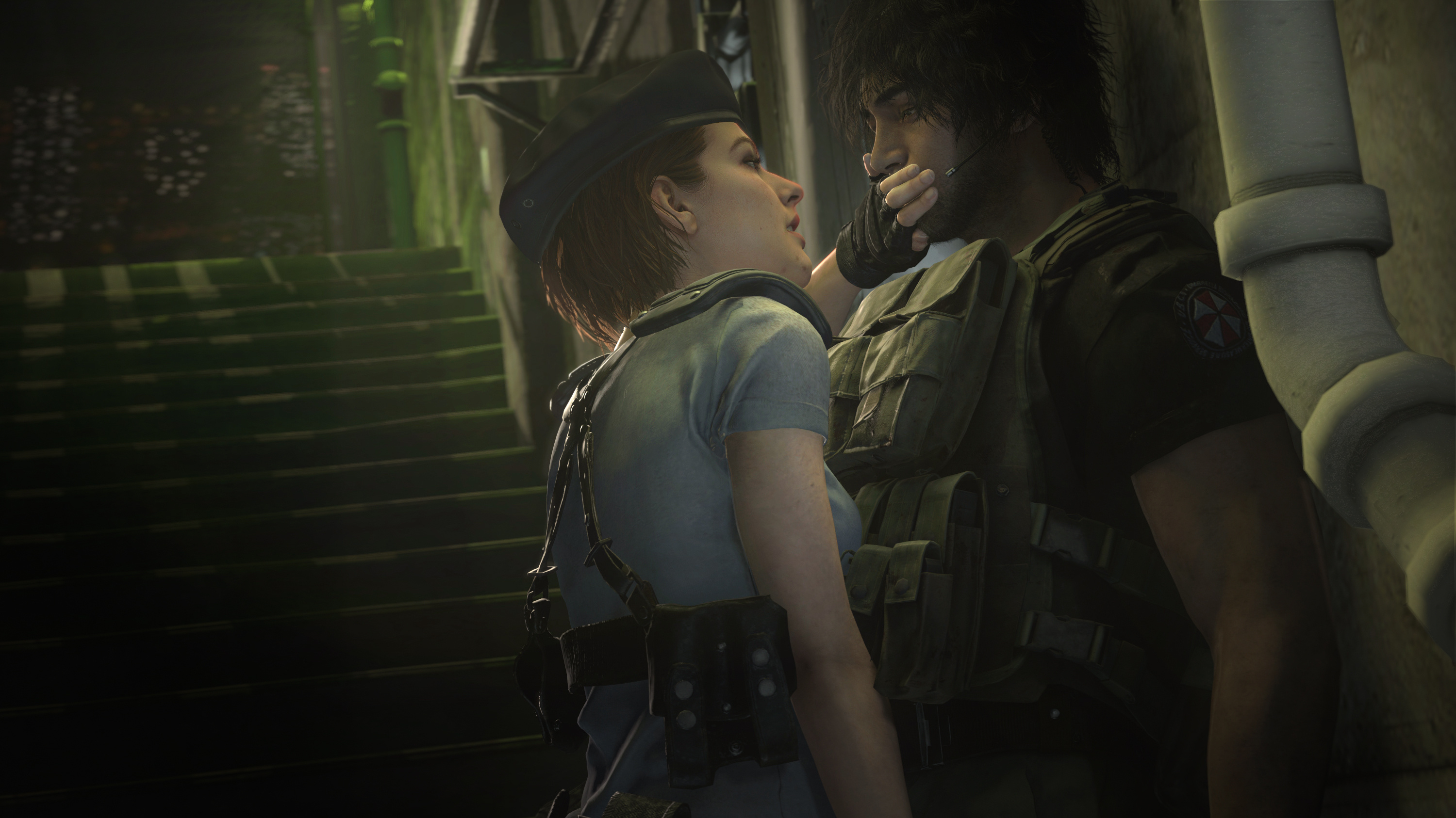 1boy, 1girls, 3d, 3d (artwork), assertive female, beret, black hair, blue eyes, brown hair, capcom, carlos oliveira, clothed female, clothed male, female, foreplay, gloves, grabbing penis, hand on mouth, handjob, horny female, interracial, jerkingoff another, jill valentine, jill valentine (sasha zotova), light skin, light-skinned female, male, muscular, muscular male, pale skin, pale-skinned female, penis, police uniform, resident evil, resident evil 3, resident evil 3 remake, short hair, tan-skinned male, tastytextures, teasing