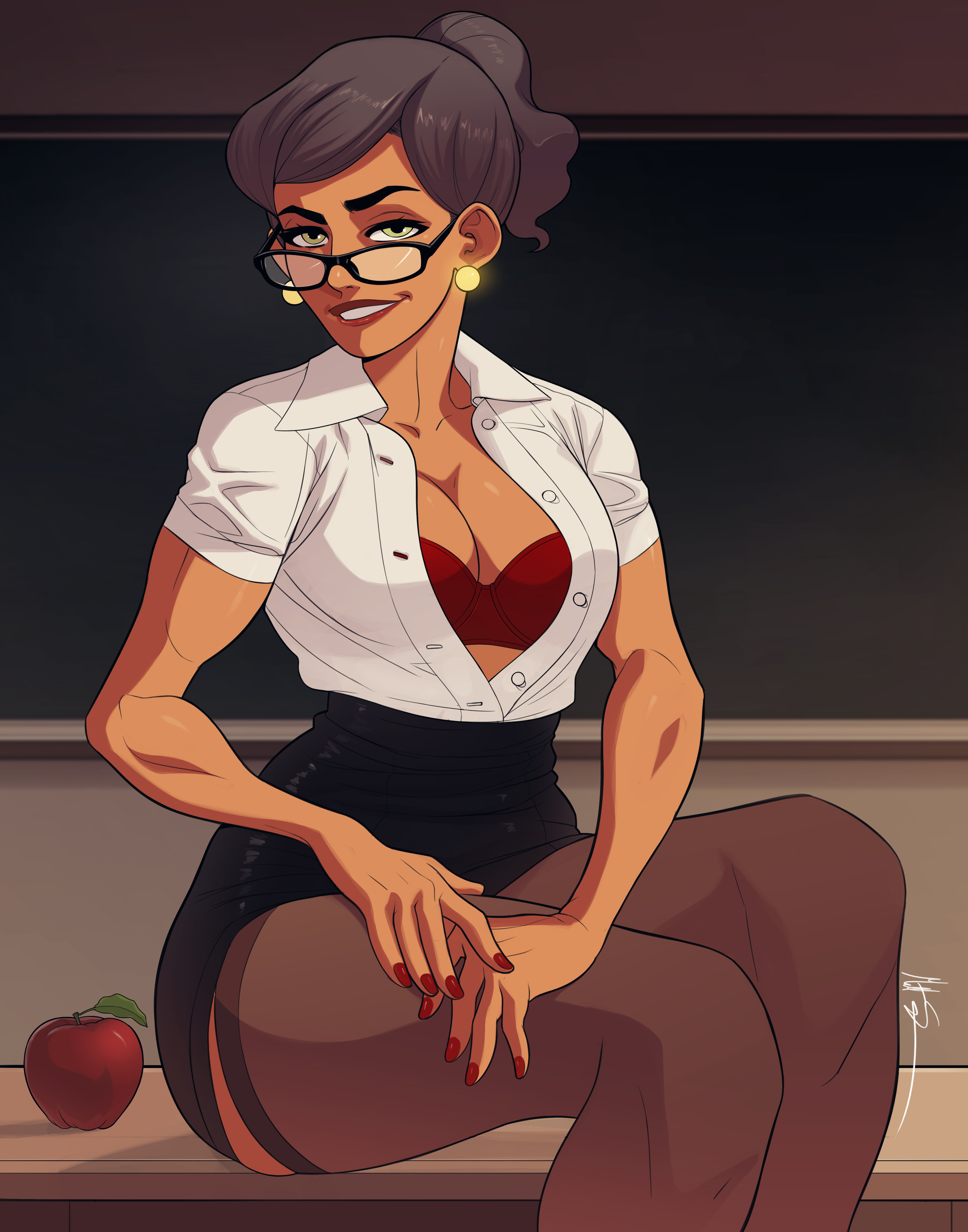 1girls, apple, avatar the last airbender, bra, breasts, classroom, clothing, desk, earrings, female, female only, glasses, green eyes, grey hair, large breasts, mature female, msperoni, nail polish, nickelodeon, red nails, sitting, skirt, solo, stockings, suyin bei fong, teacher, the legend of korra, triplexmile