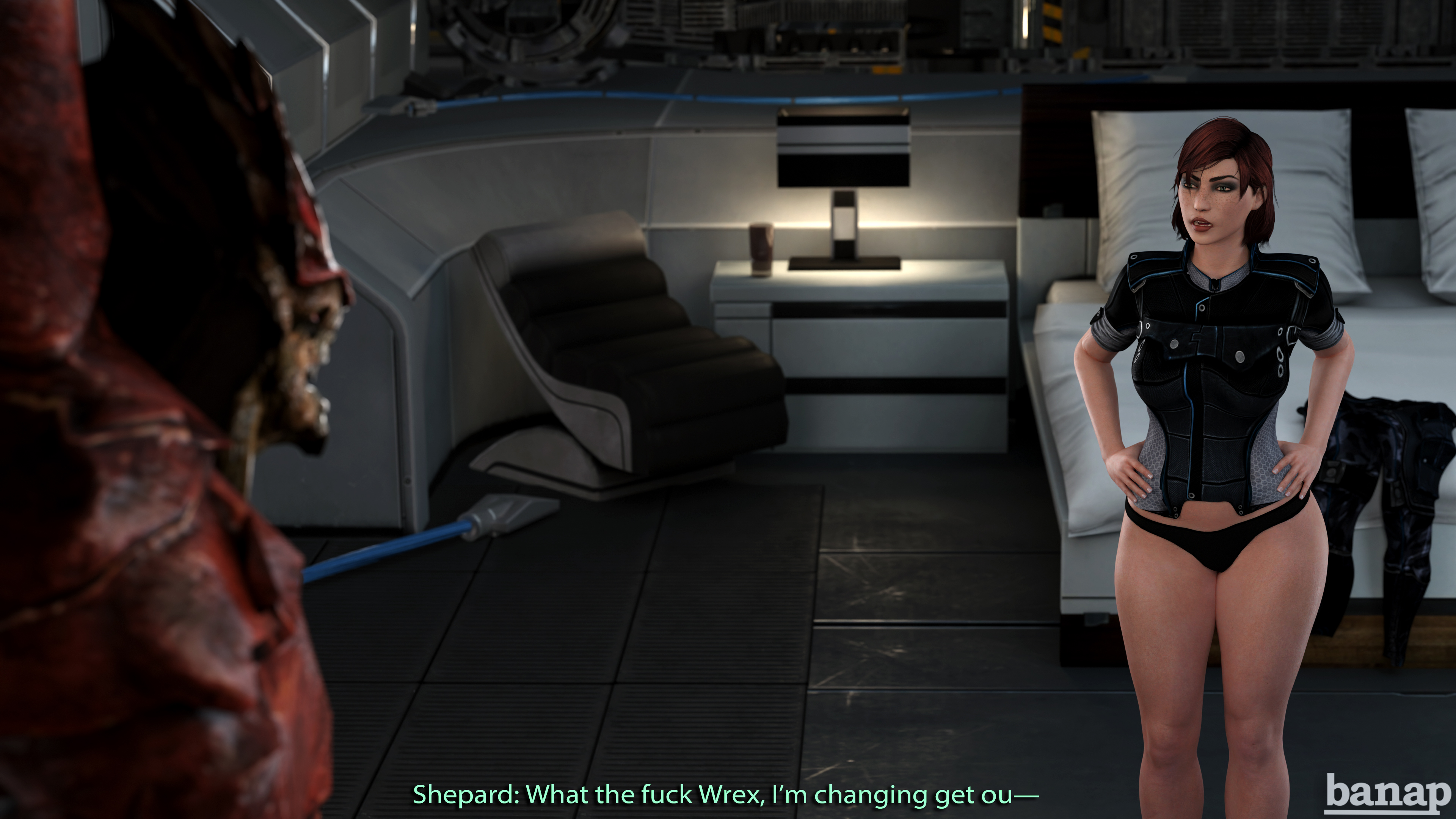 1boy, 1girls, 3d, angry, banap, blender (software), comic, comic page, commander shepard, english text, female, femshep, hand on hip, imminent sex, interspecies, krogan, male, mass effect, red hair, text, thong, upset, urdnot wrex