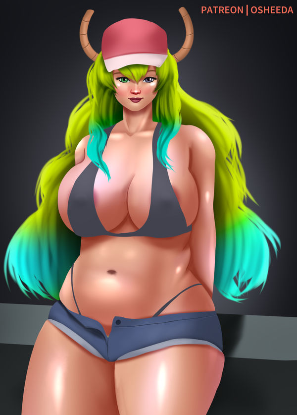 1girls artist_logo black_bra breasts dark_background hands_behind heterochromia horns huge_breasts light-skinned_female long_hair looking_at_viewer lucoa lucoa_(maidragon) miss_kobayashi's_dragon_maid multicolored_hair osheeda panties patreon_username quetzalcoatl_(dragon_maid) red_cap short_pants simple_background