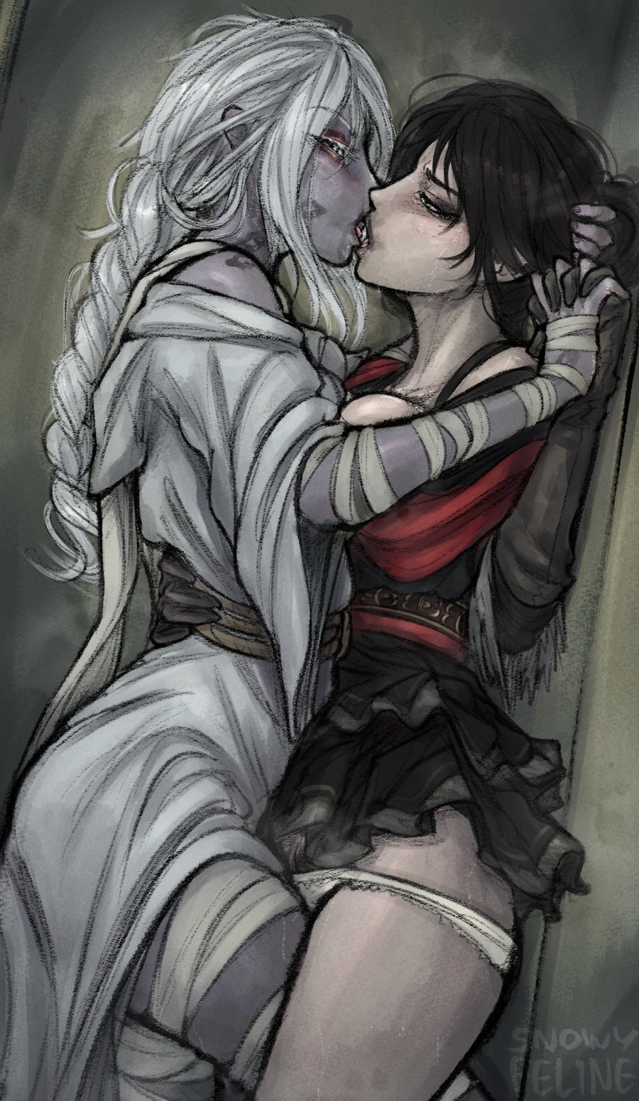 2girls, black hair, breasts, elden ring, female, female only, fromsoftware, handholding, holding hands, kiss, kiss mark, kissing, pinned, snowyfeline, tarnished, tarnished female, white hair, yuri